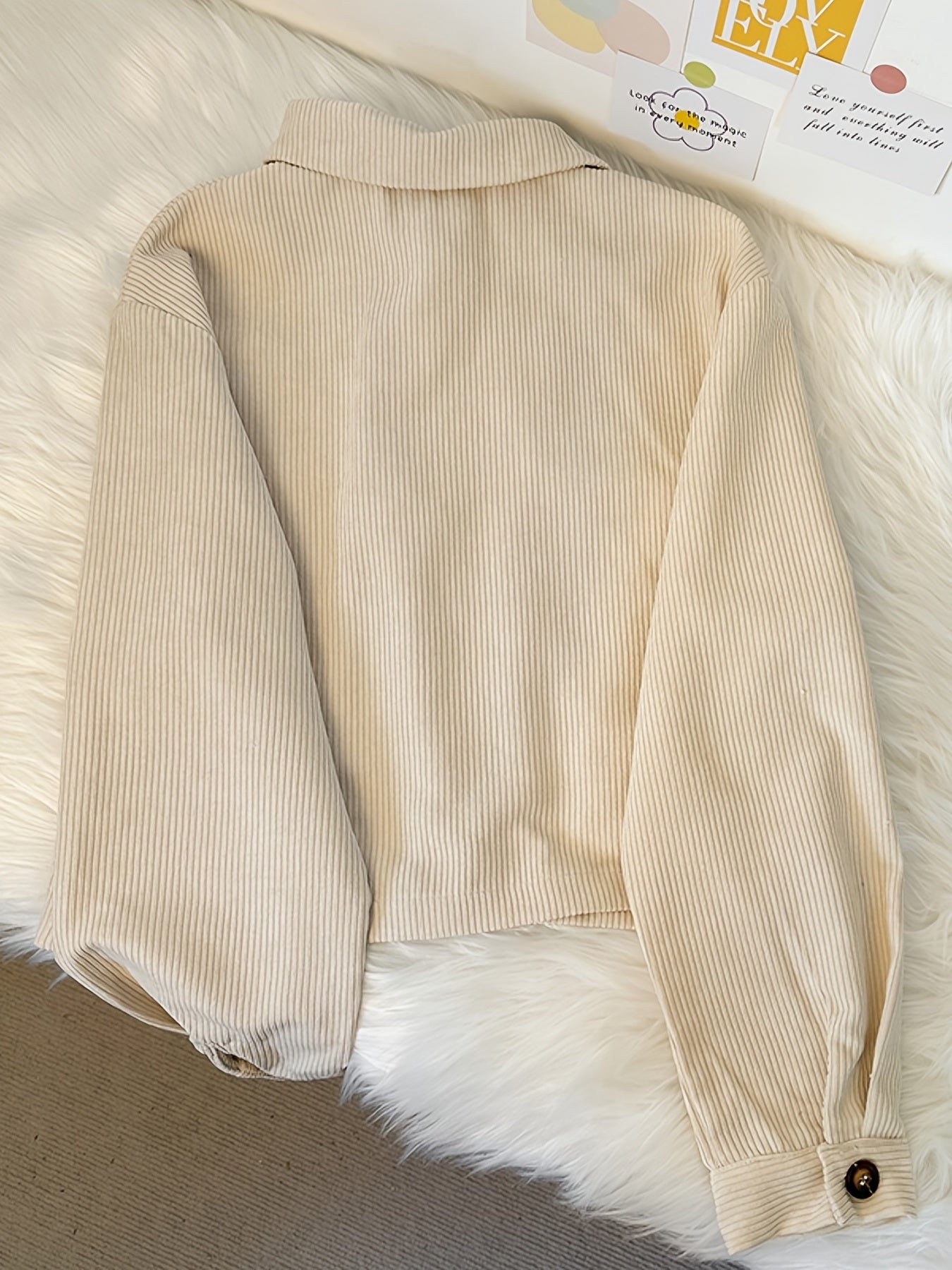 Flap Pockets Corduroy Crop Jacket, Casual Long Sleeve Jacket For Fall & Winter, Women's Clothing