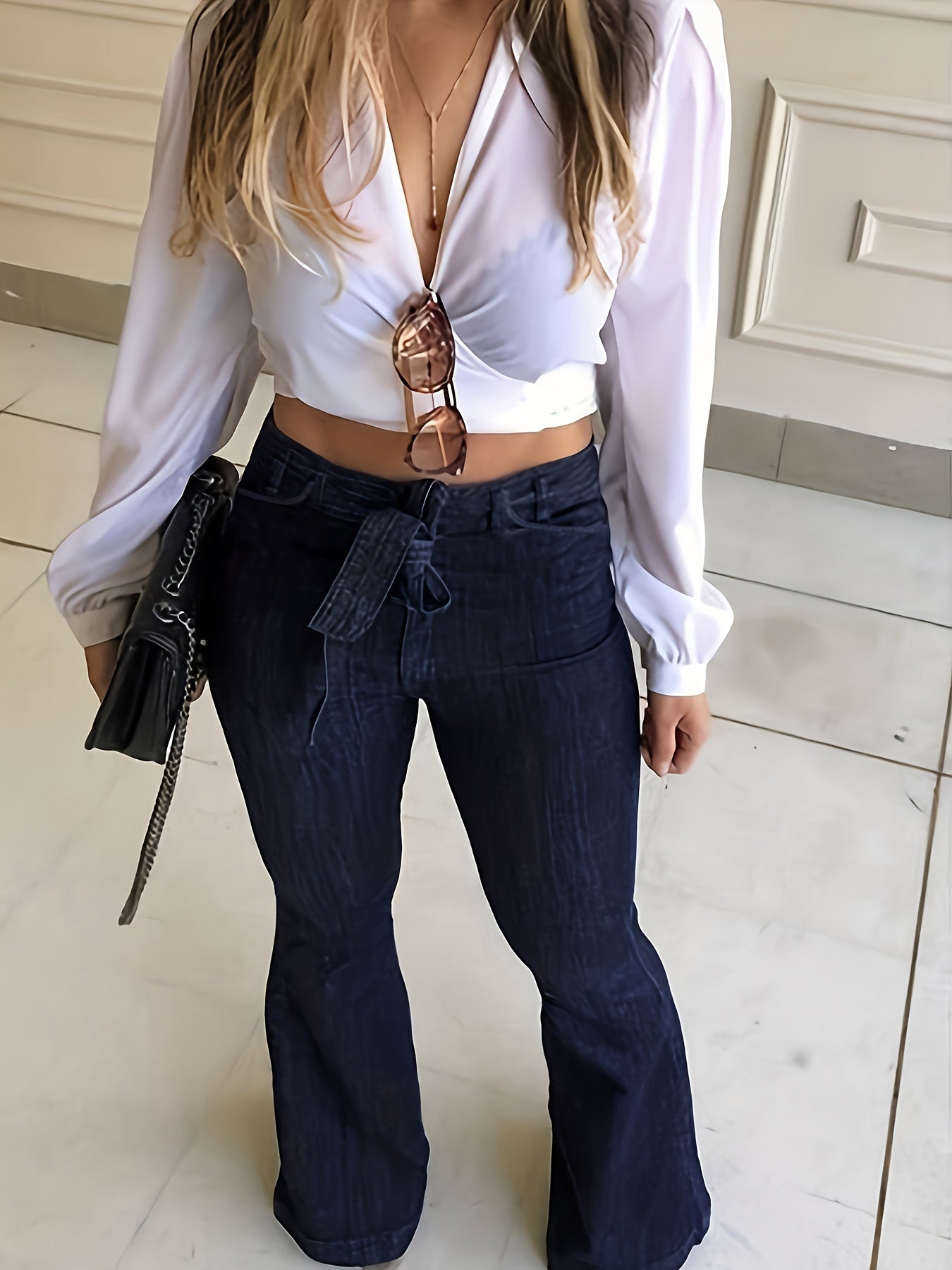 Navy Blue Flared Jeans, High-Stretch With Waistband Bell Bottom Wide Legs Denim Pants, Women's Denim Jeans & Clothing