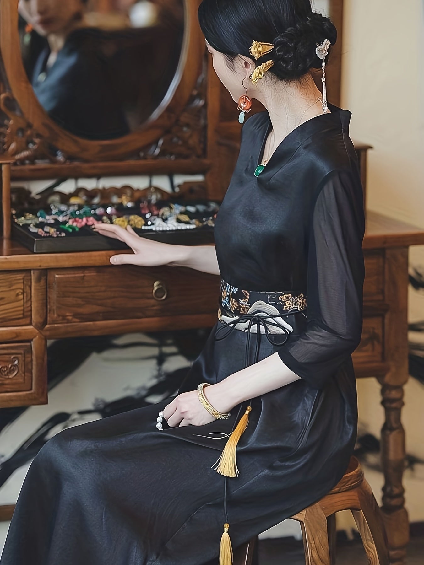 Chinese Style 3/4 Sleeve Dress, Vintage V Neck Slim Midi Dress, Women's Clothing