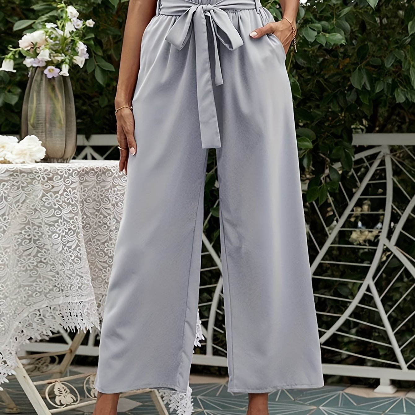 vlovelaw Boho Smocked Wide Leg Pants, Casual High Waist Tie Front Solid Palazzo Pants, Women's Clothing