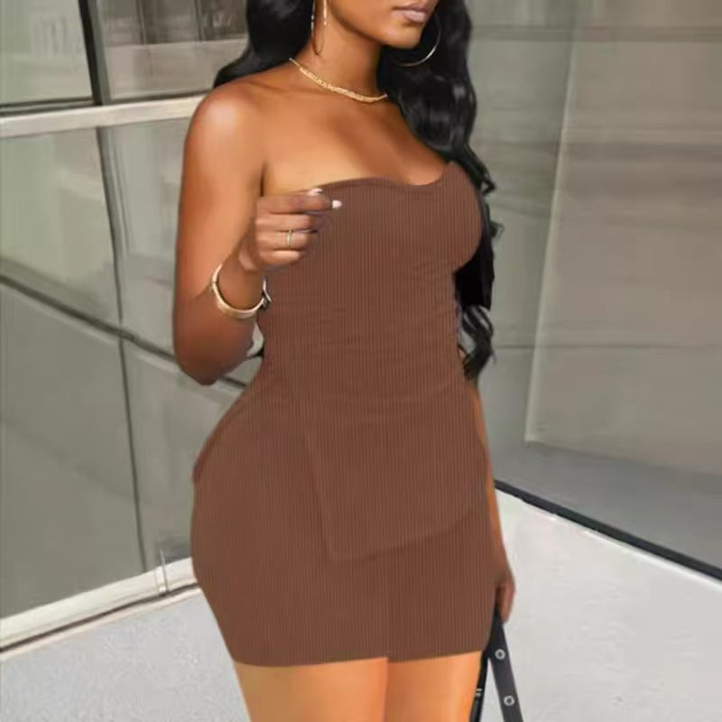 vlovelaw Solid Ribbed Two-piece Set, Slit Hem Sleeveless Tube Top & Flare Leg Pants Outfits, Women's Clothing