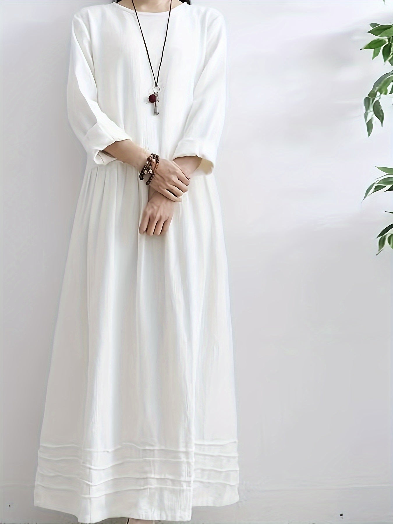 vlovelaw Solid Plicated Detail Oversized Dress, Long Sleeve Crew Neck Casual Dress, Women's Clothing
