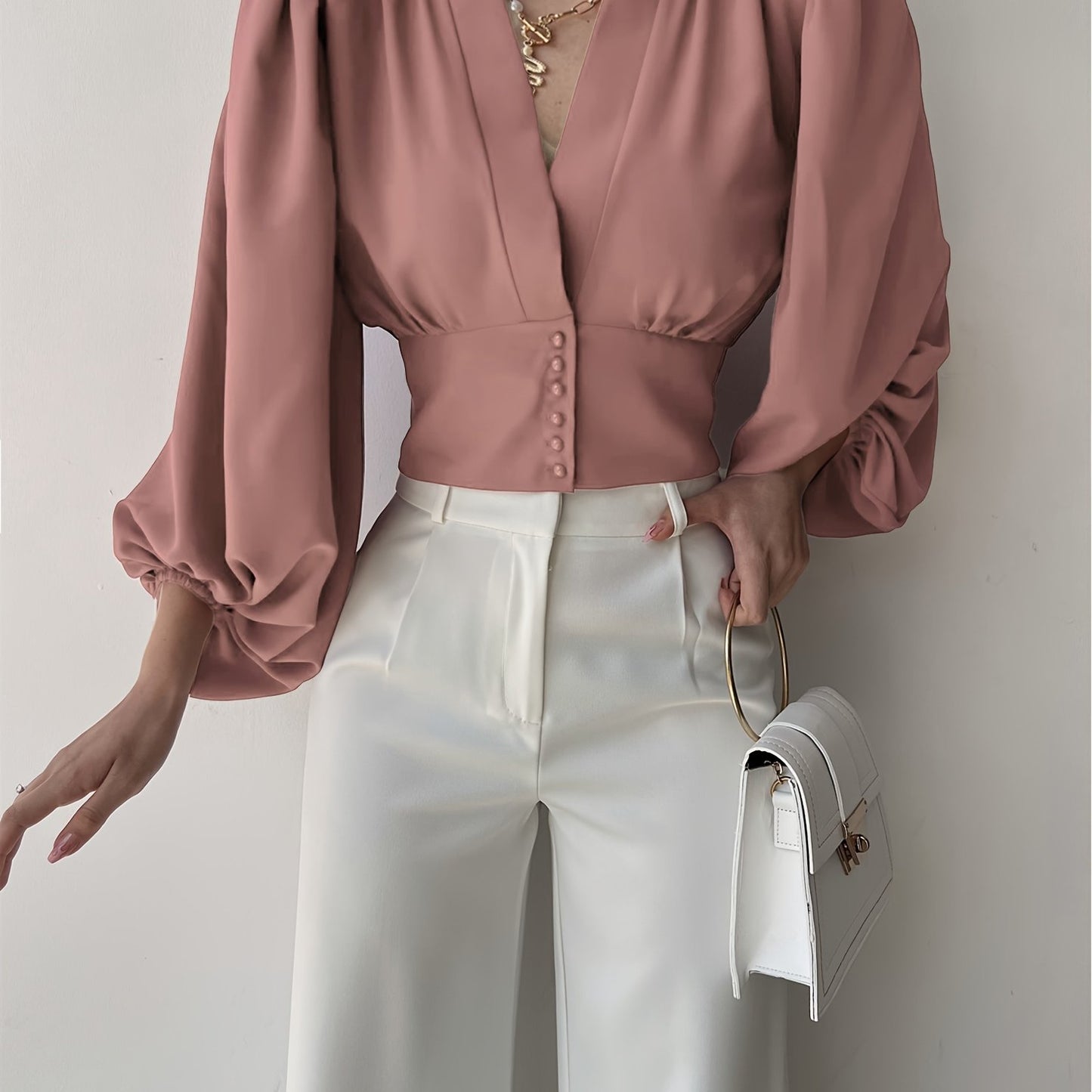 vlovelaw Solid Button Front V-neck Slim Blouse, Elegant Lantern Sleeve Blouse For Spring & Fall, Women's Clothing