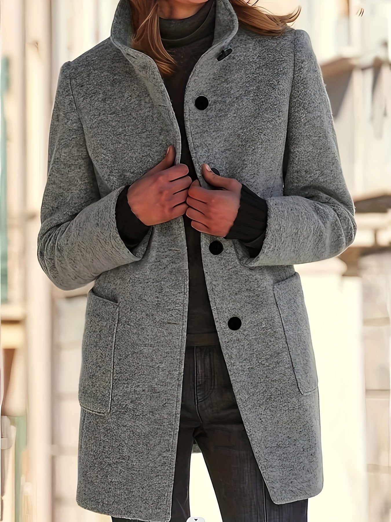 vlovelaw Plus Size Casual Coat, Women's Plus Solid Long Sleeve Button Up Stand Collar Tunic Coat With Pockets