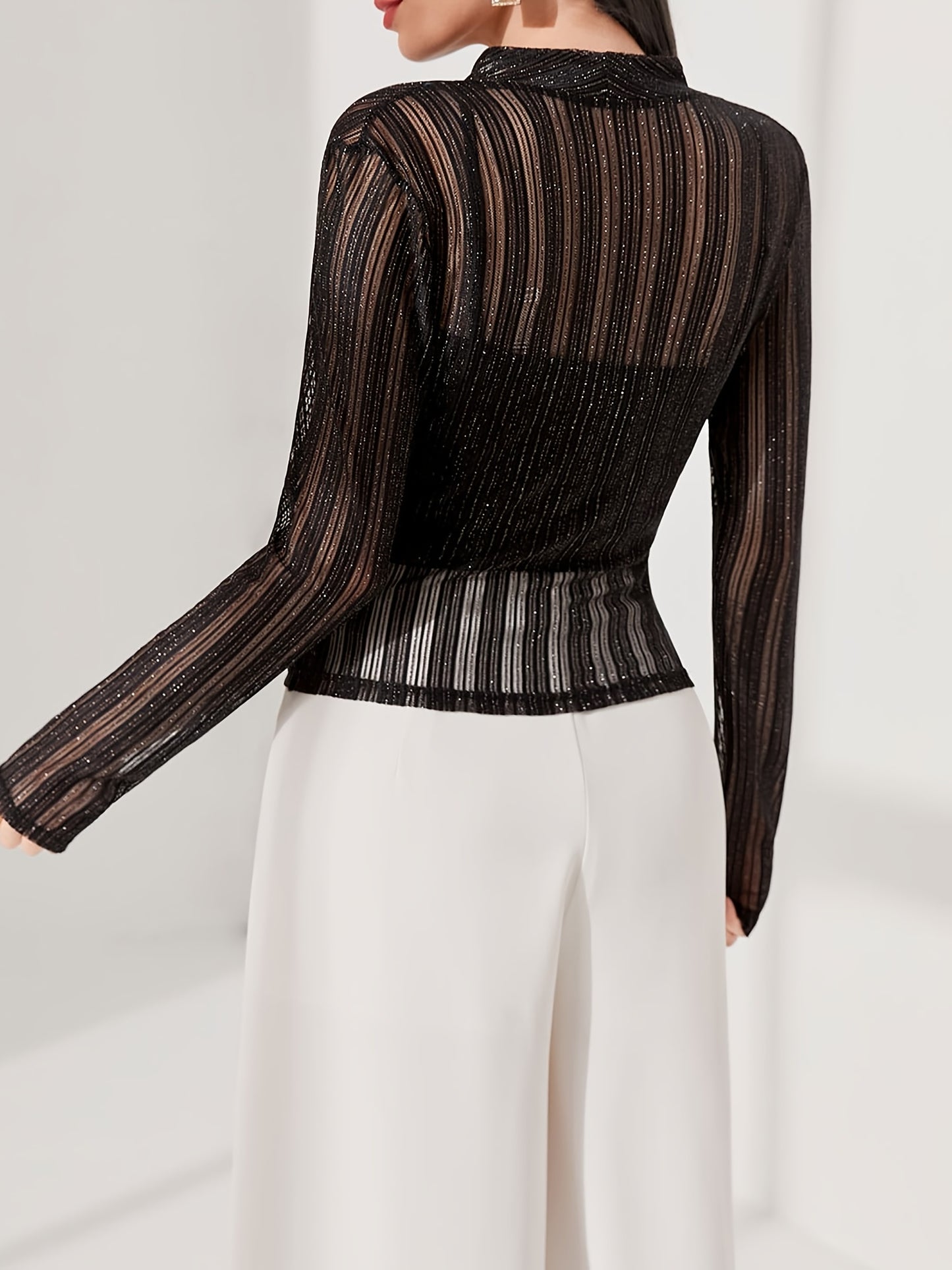 Semi-sheer Surplice Neck Top, Casual Long Sleeve Top For Spring & Fall, Women's Clothing