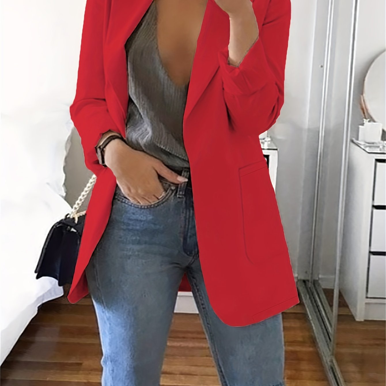 Solid Lapel Blazer, Casual Long Sleeve Open Front Work Office Outerwear, Women's Clothing