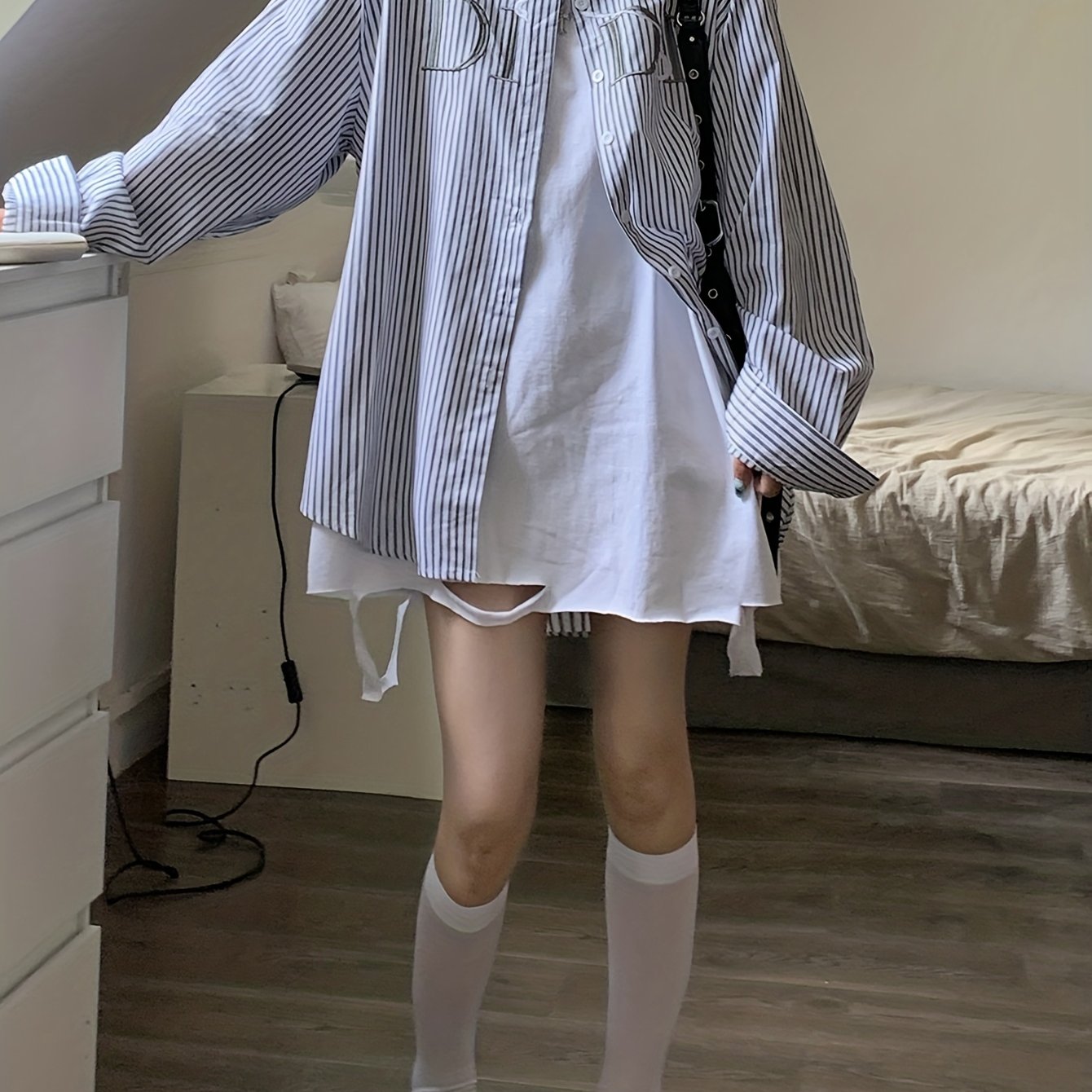 vlovelaw Letter & Stripe Pattern Shirt, Casual Button Front Long Sleeve Shirt, Women's Clothing