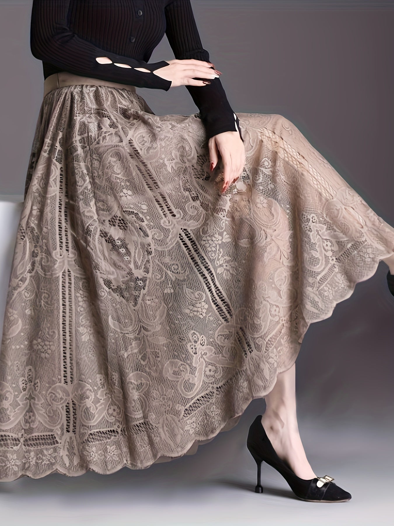 Hollow Out Scallop Hem Lace Skirt, Casual Elastic Waist A-line Skirt, Women's Clothing