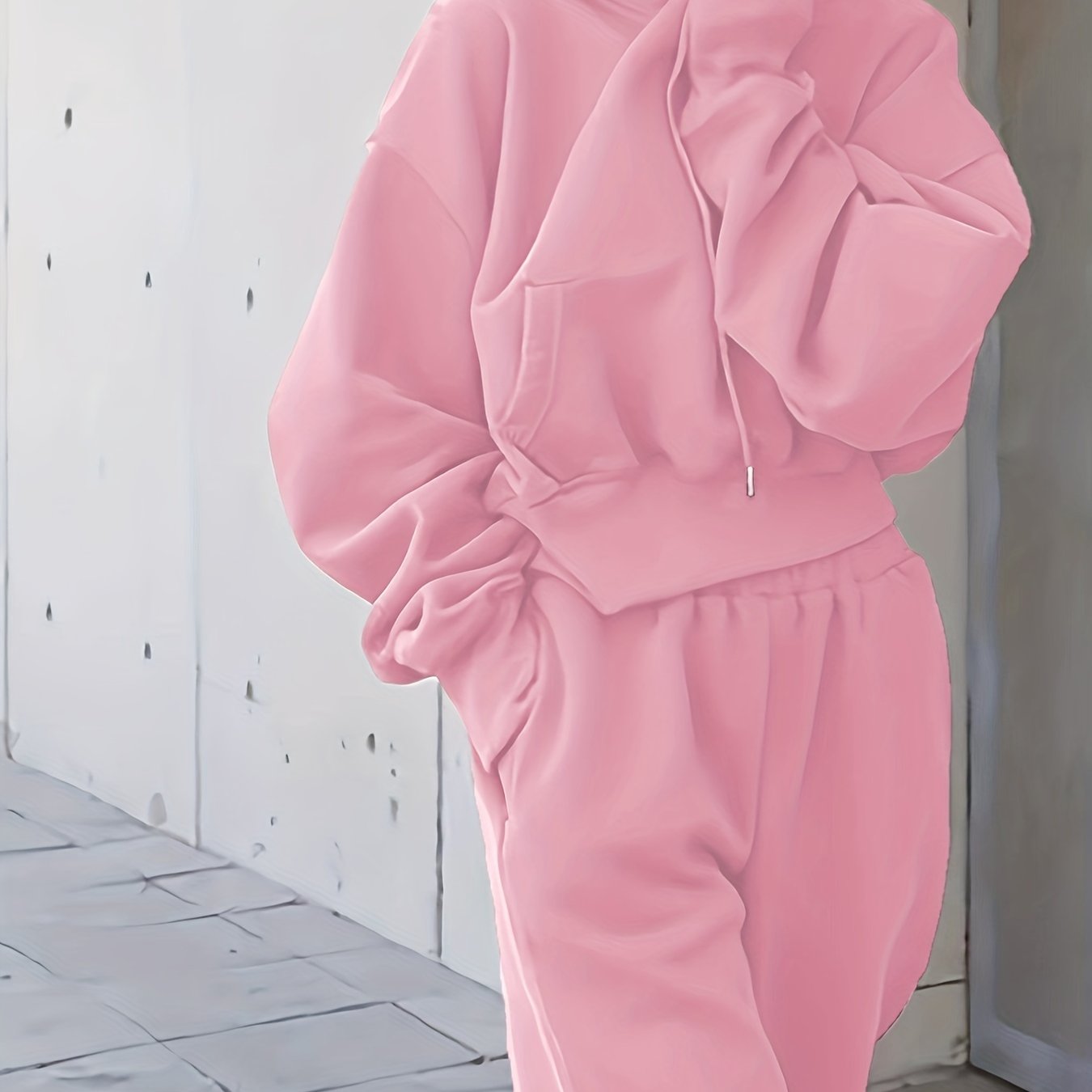 vlovelaw 2pcs Athleisure Set, Oversized Solid Hooded Pocket Drawstring Sweatshirts & Sweatpants Sets, Women's Clothing