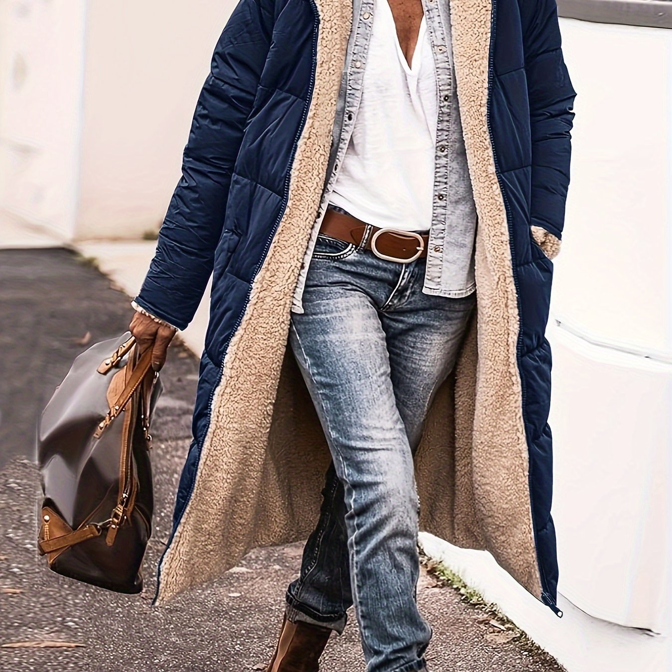 vlovelaw Zipper Front Color Block Coat, Versatile Long Sleeve Thermal Winter Outwear, Women's Clothing