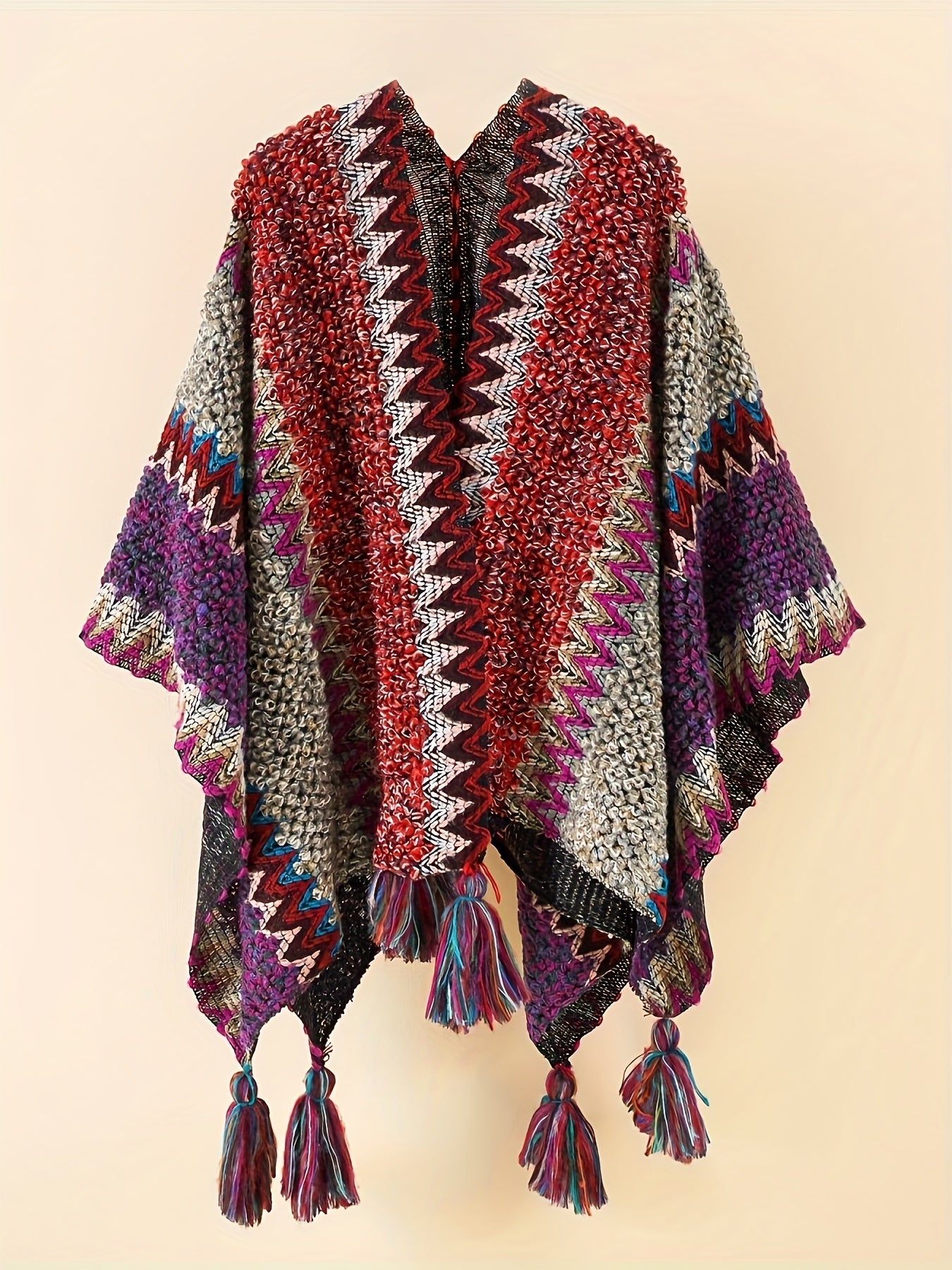 vlovelaw Plus Size Boho Cover Up, Women's Plus Chevron Pattern Tassel Decor Open Front Cape Shawl