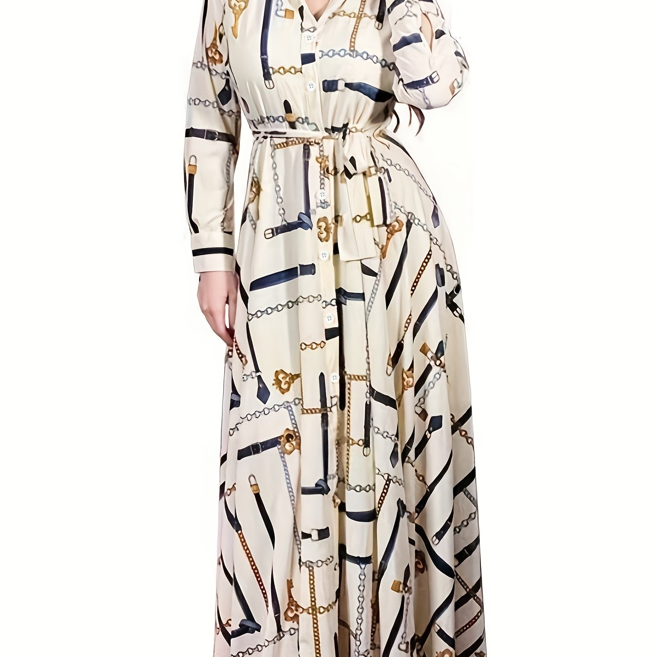 Plus Size Elegant Dress, Women's Plus Chain Print Long Sleeve Button Up Lapel Collar Maxi Shirt Dress With Belt
