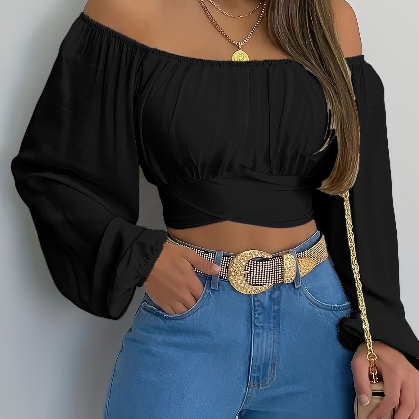 vlovelaw Solid Cross Tie Back Crop Blouse, Casual Off Shoulder Long Sleeve Top, Women's Clothing