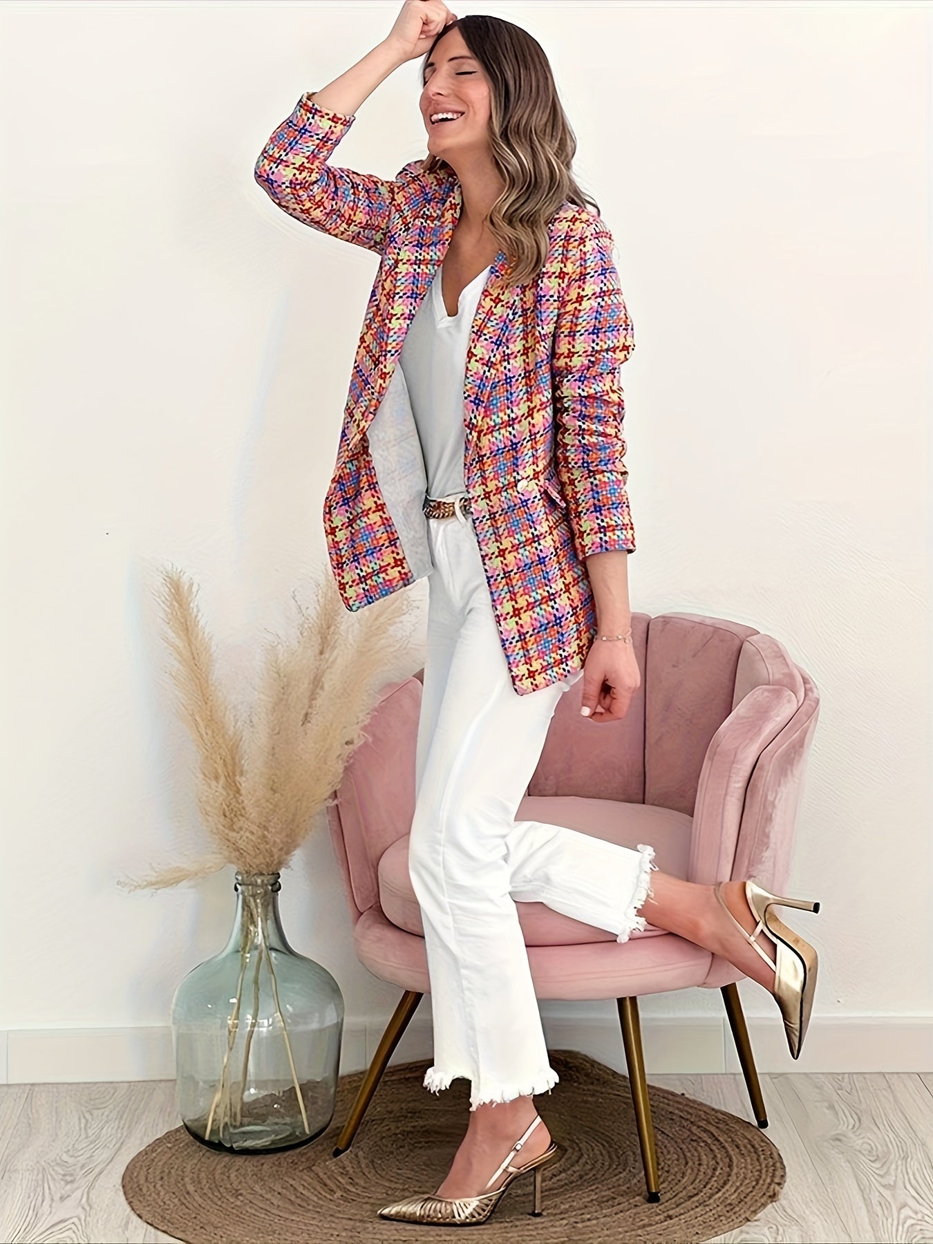 Plaid Pattern Open Front Blazer, Casual Long Sleeve Slim Blazer, Women's Clothing