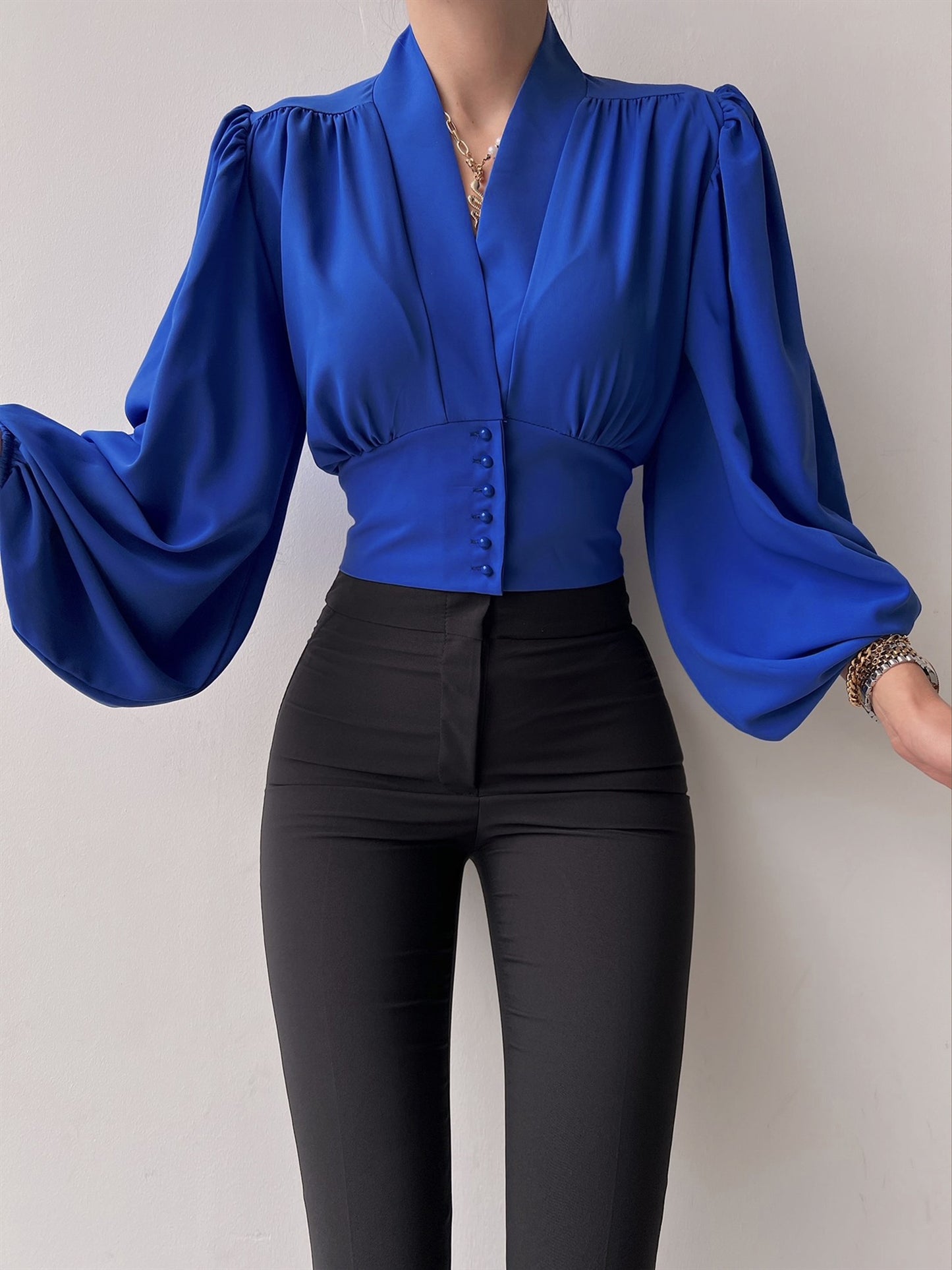 vlovelaw Solid Button Front V-neck Slim Blouse, Elegant Lantern Sleeve Blouse For Spring & Fall, Women's Clothing