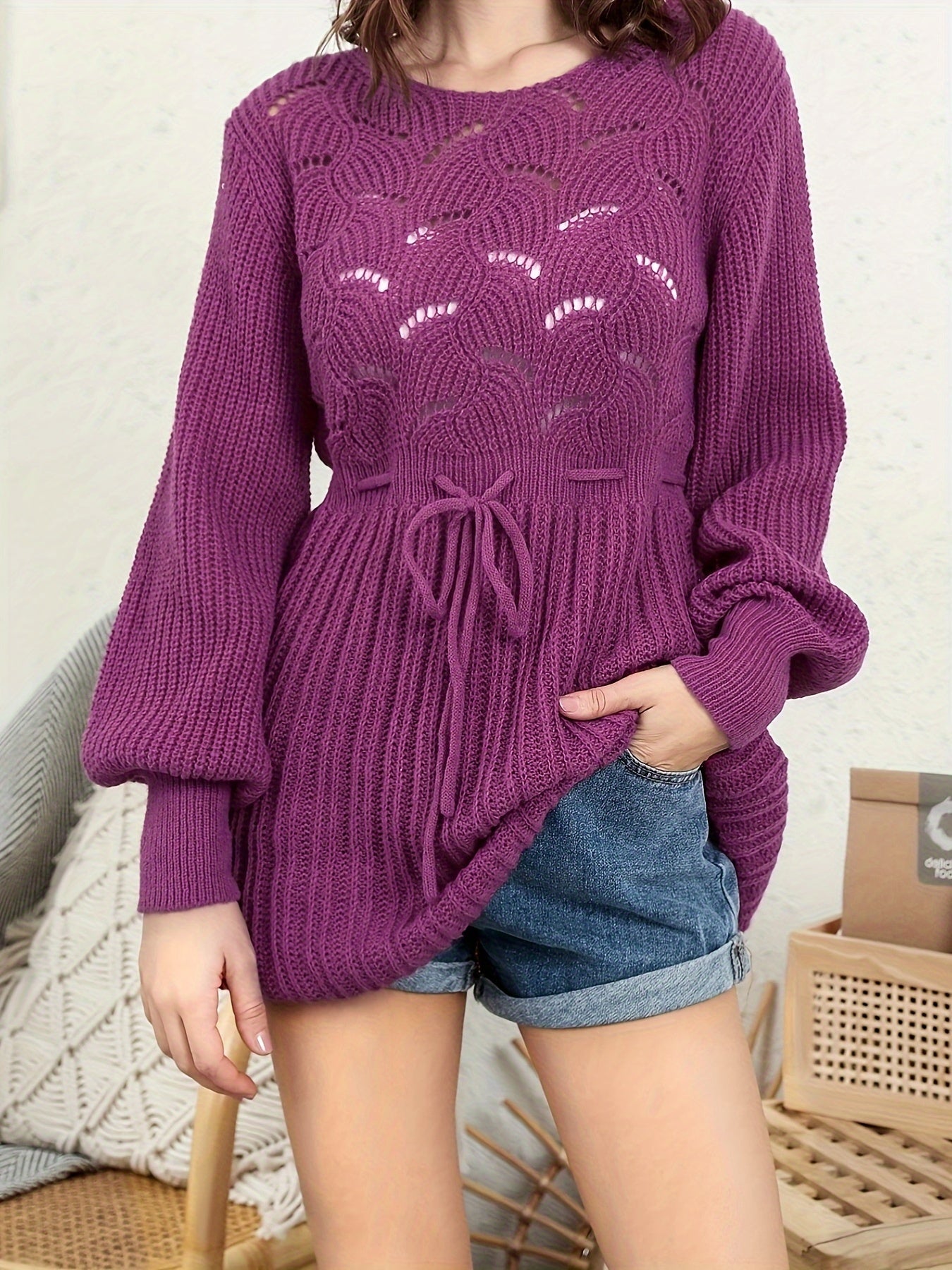 Eyelet Drawstring Dress, Sexy Solid Crew Neck Long Sleeve Dress, Women's Clothing