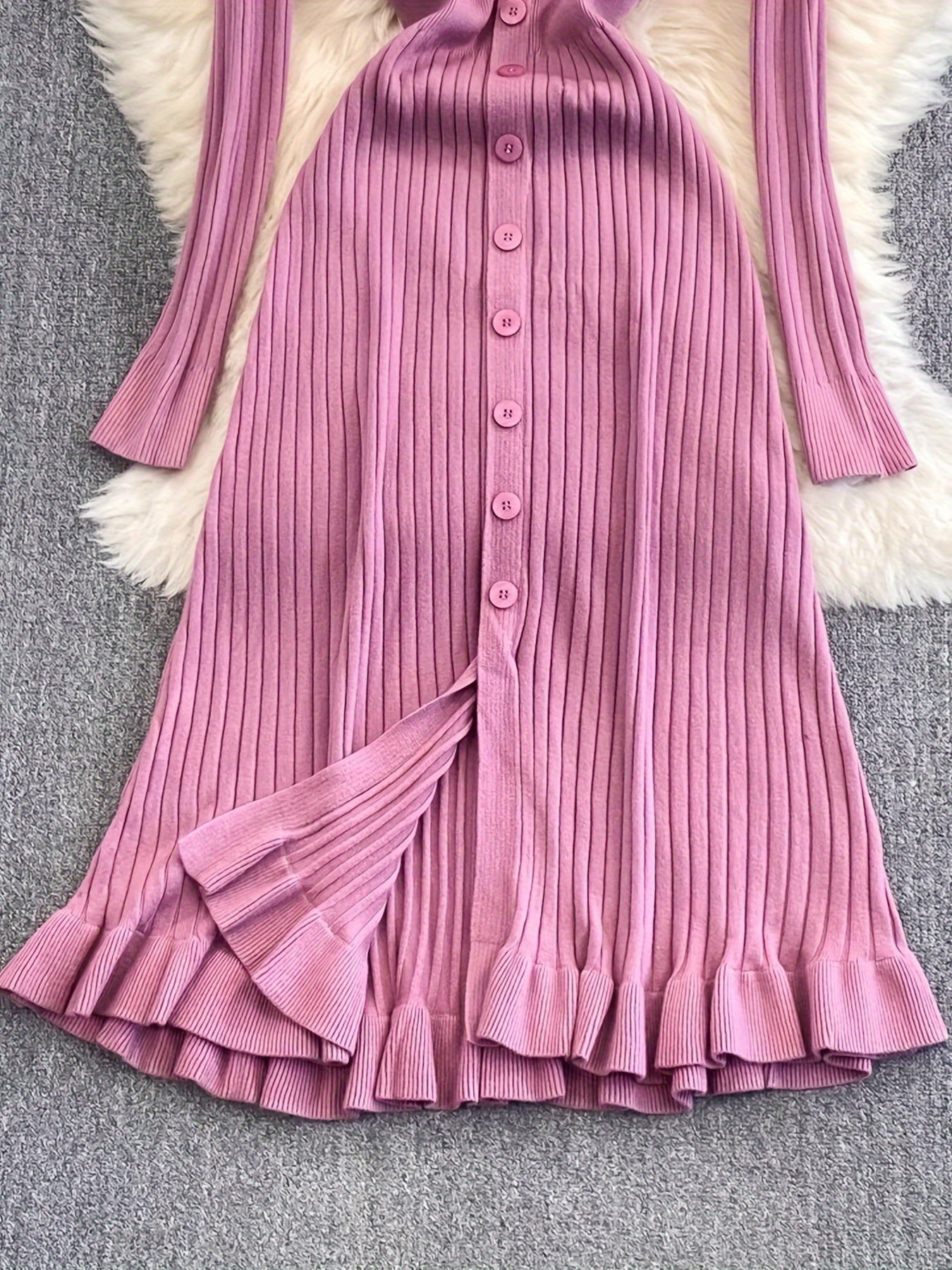 vlovelaw Button Front Ruffle Hem Dress, Chic Long Sleeve V Neck Ribbed Dress, Women's Clothing