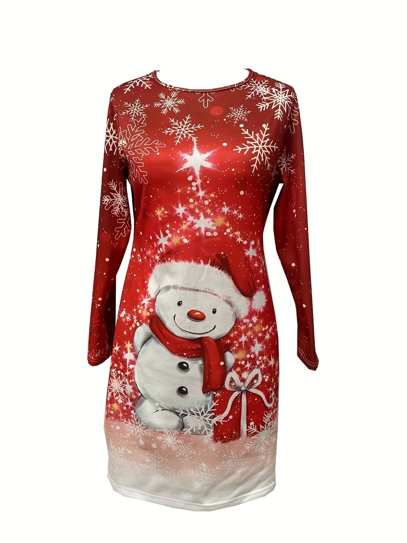 vlovelaw Snowman Print Long Sleeve Dress, Casual Crew Neck Dress For Spring & Fall, Women's Clothing