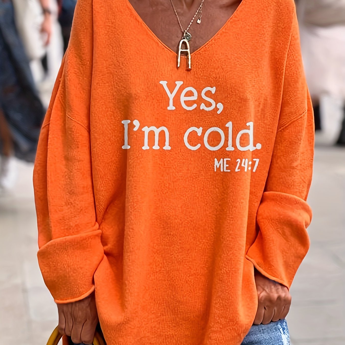 Letter Pattern V Neck Oversized Sweater, Casual Long Sleeve Rolled Trim Sweater, Women's Clothing