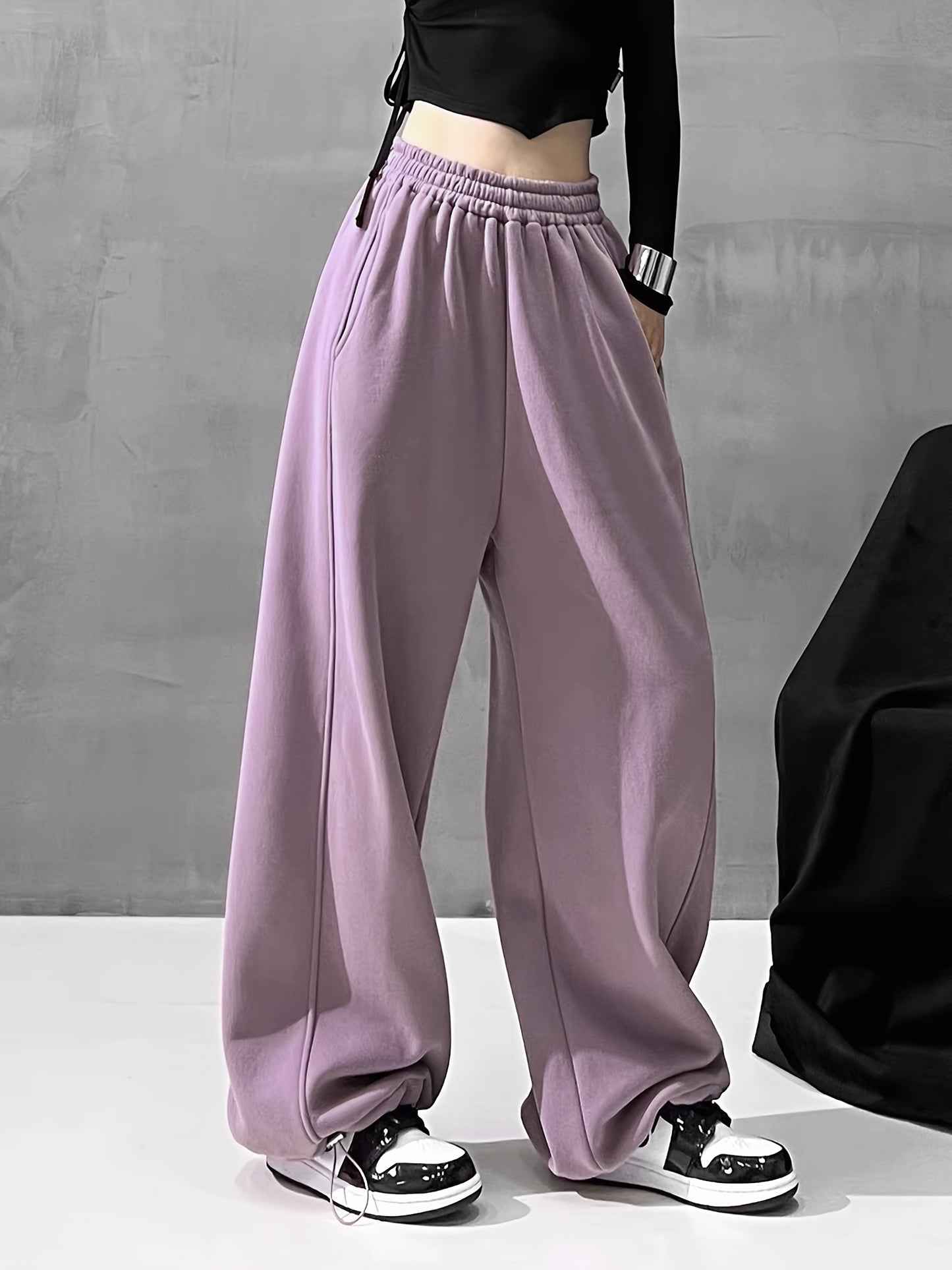 vlovelaw Solid Comfy Wide Leg Pants, Casual Elastic Waist Loose Pants With Pocket, Women's Clothing