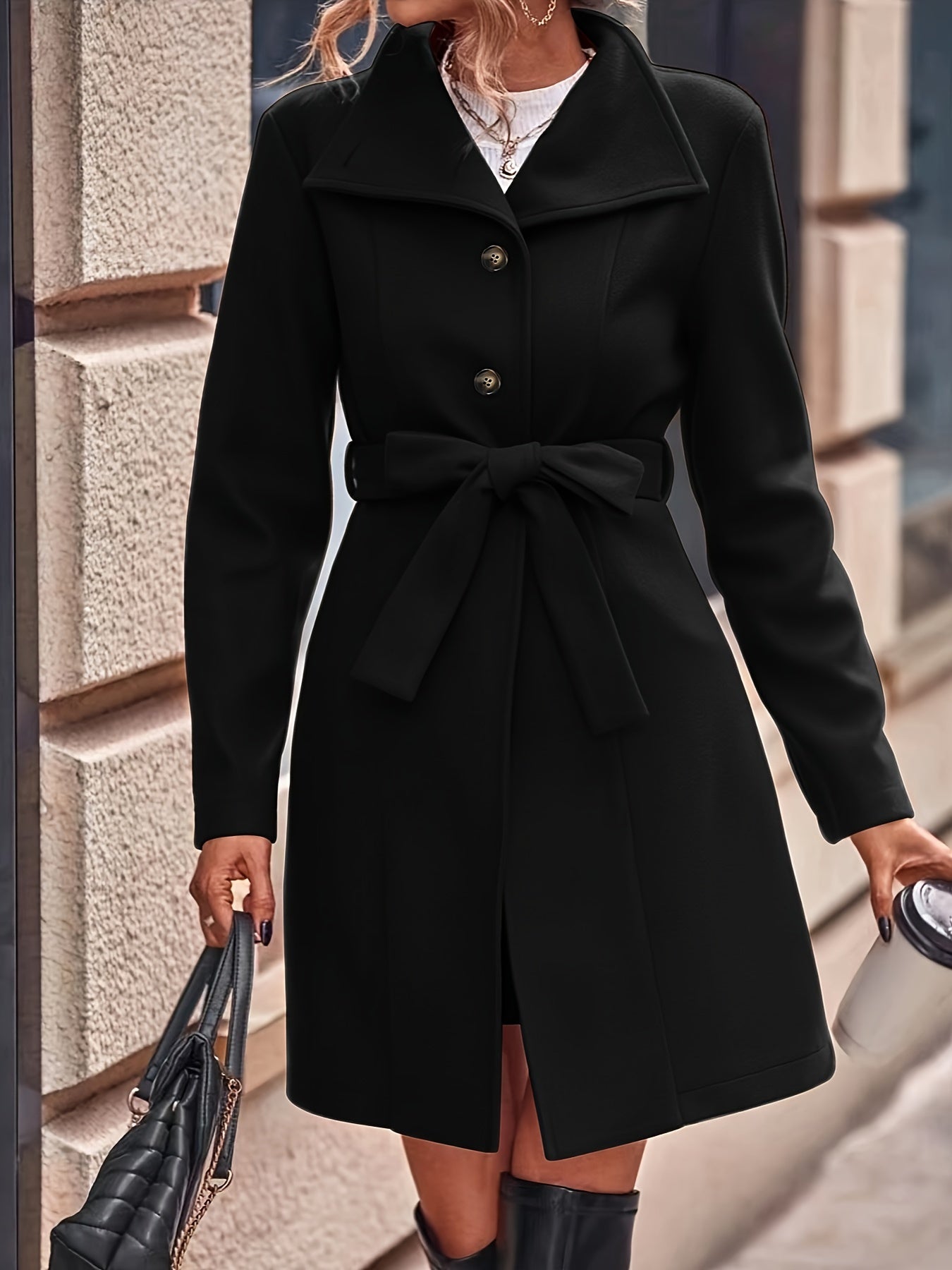 vlovelaw Button Front Solid Coat, Elegant Long Sleeve Fall & Winter Outerwear, Women's Clothing