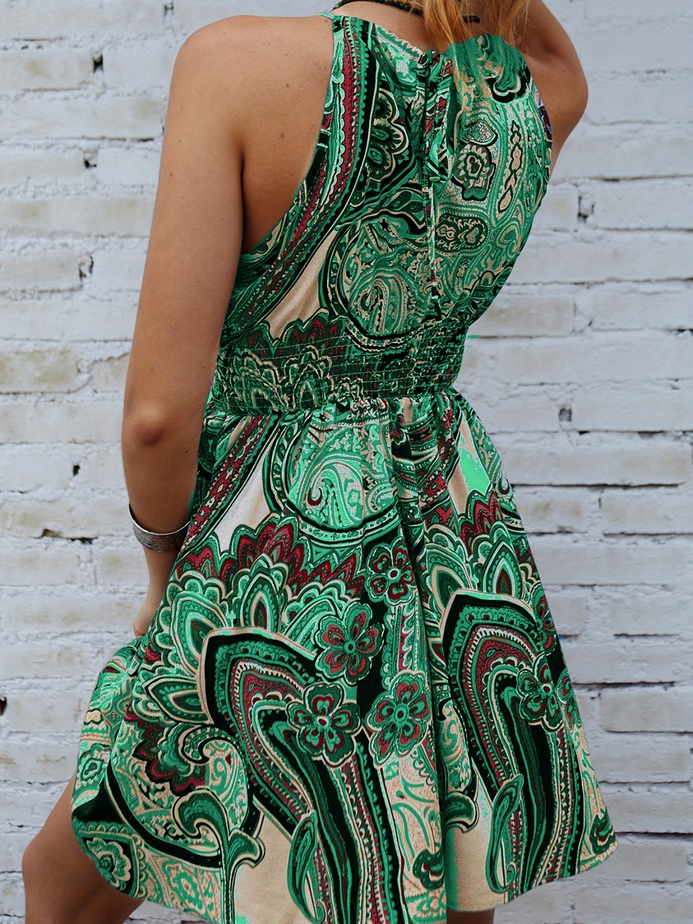 vlovelaw Paisley Print Tie Back Dress, Boho Shirred Waist Sleeveless Dress, Women's Clothing