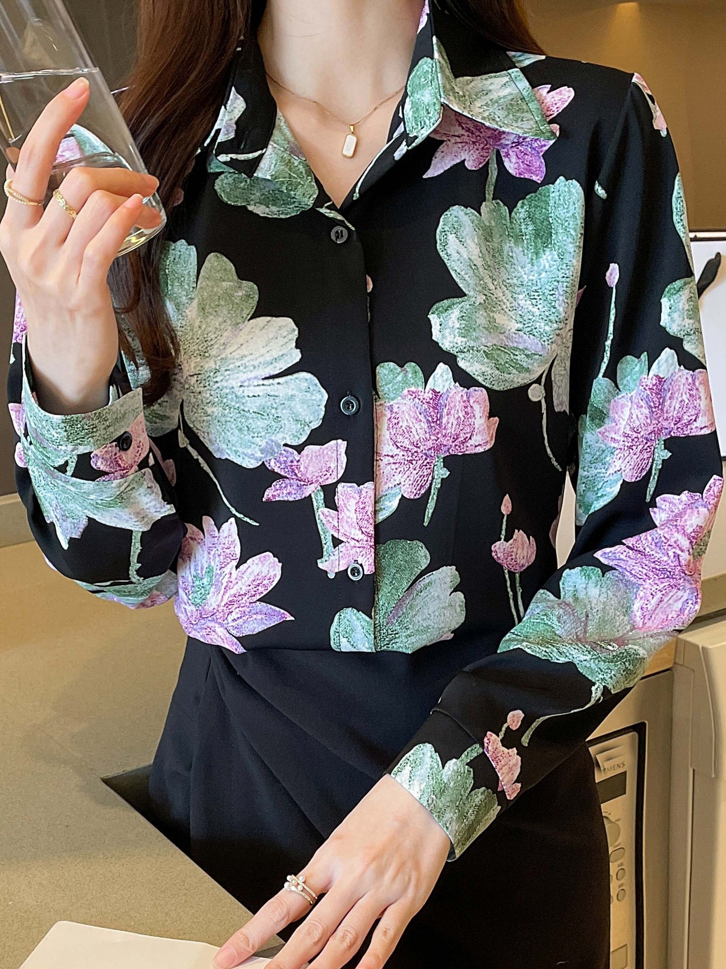vlovelaw Floral Print Button Down Shirt, Vintage Long Sleeve Shirt For Spring & Fall, Women's Clothing
