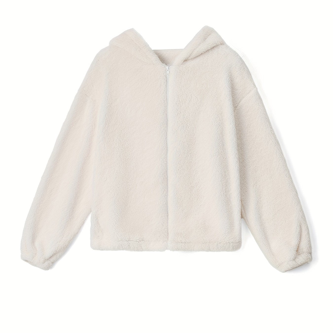 Solid Teddy Hooded Jacket, Casual Zip Up Long Sleeve Outerwear, Women's Clothing