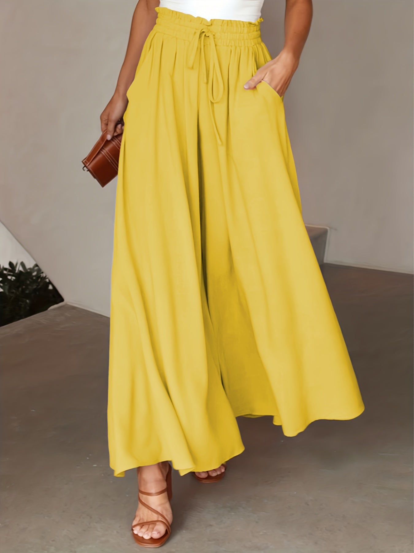 High Waist Drawstring Wide Leg Pants, Casual Loose Pants For Spring & Fall, Women's Clothing