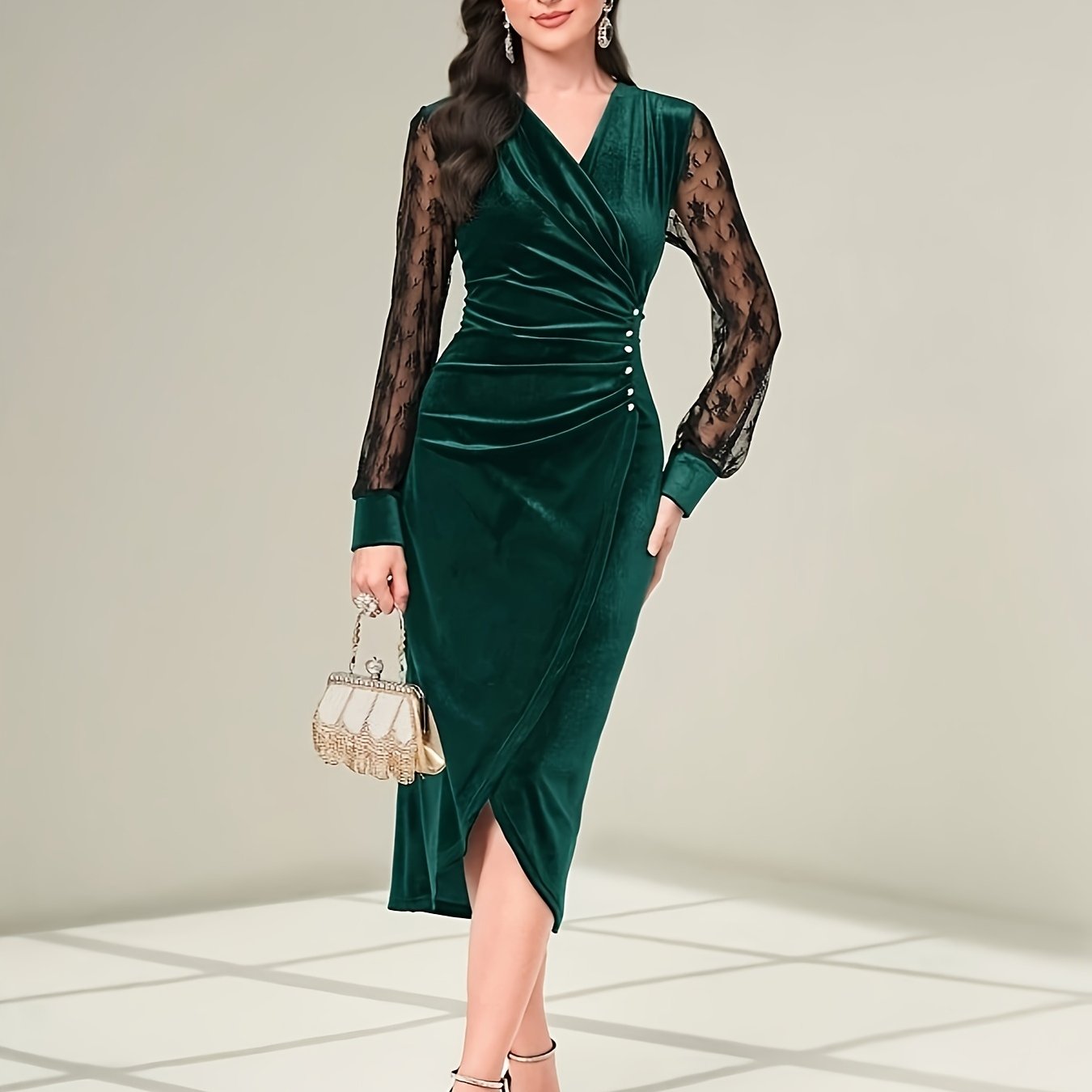 vlovelaw Contrast Lace Bodycon Dress, Elegant Long Sleeve Dress For Party & Banquet, Women's Clothing