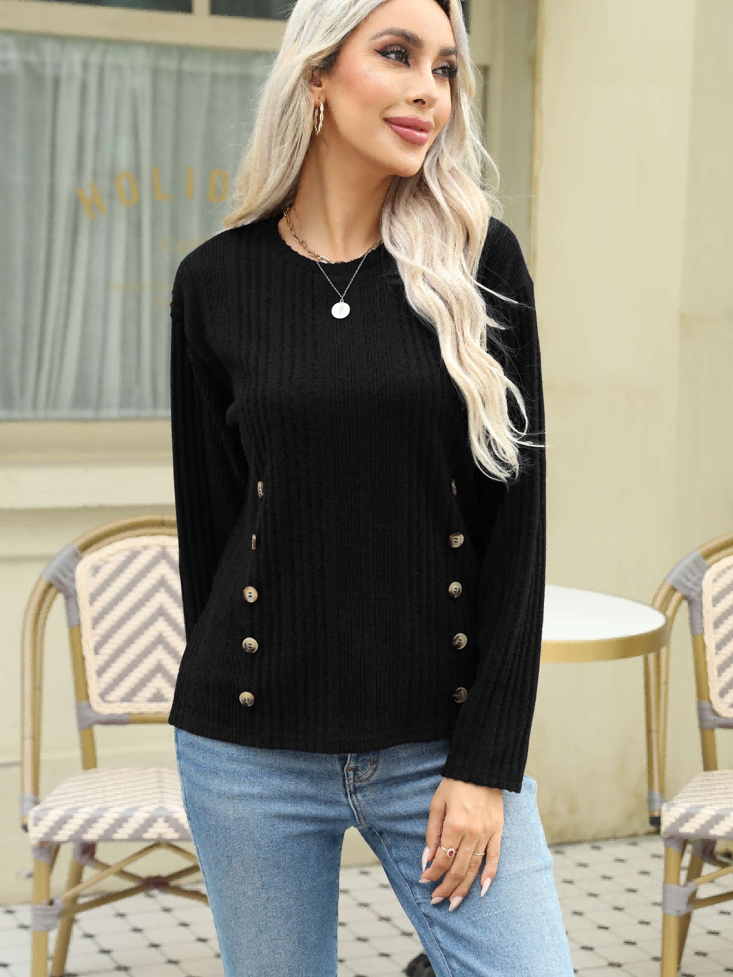 vlovelaw Ribbed Button Decor Crew Neck T-Shirt, Casual Long Sleeve Top For Spring & Fall, Women's Clothing