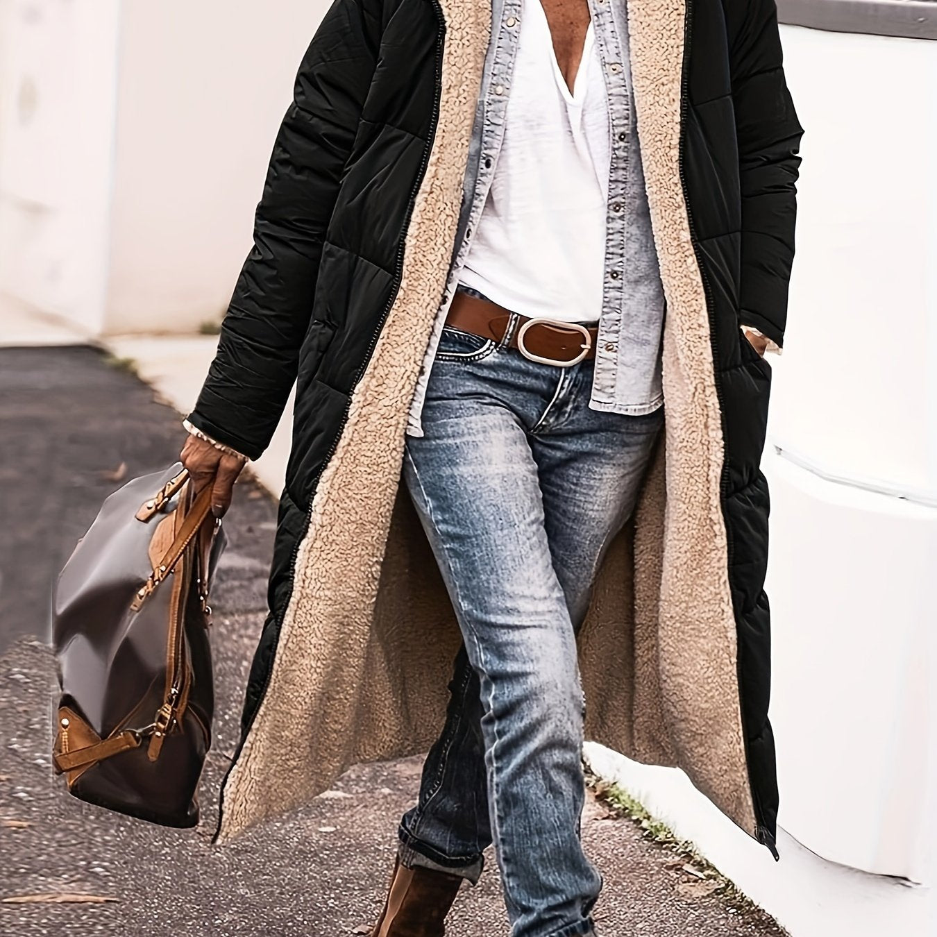 vlovelaw Zipper Front Color Block Coat, Versatile Long Sleeve Thermal Winter Outwear, Women's Clothing