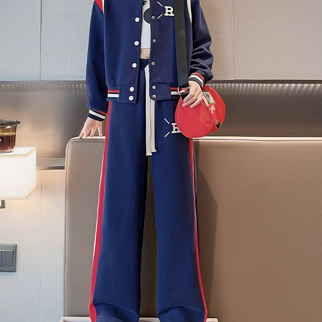 Girl's Sporty Style Outfit 2pcs, Color Clash Varsity Jacket & Wide Leg Pants Set, Kid's Clothes For Spring Fall