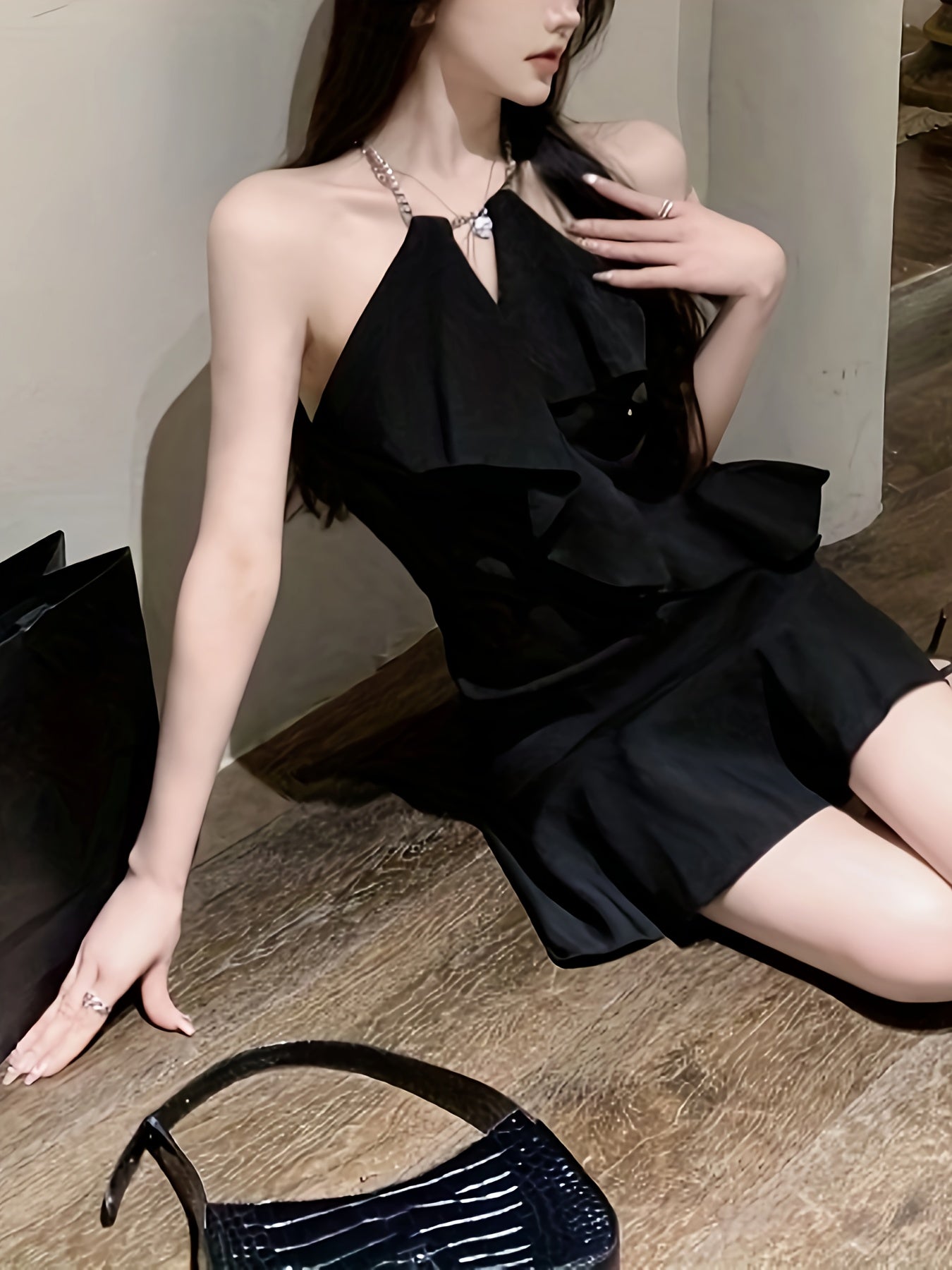 vlovelaw Ruffle Halter Ruffle Dress, Solid Sleeveless Backless Dress For Summer, Women's Clothing