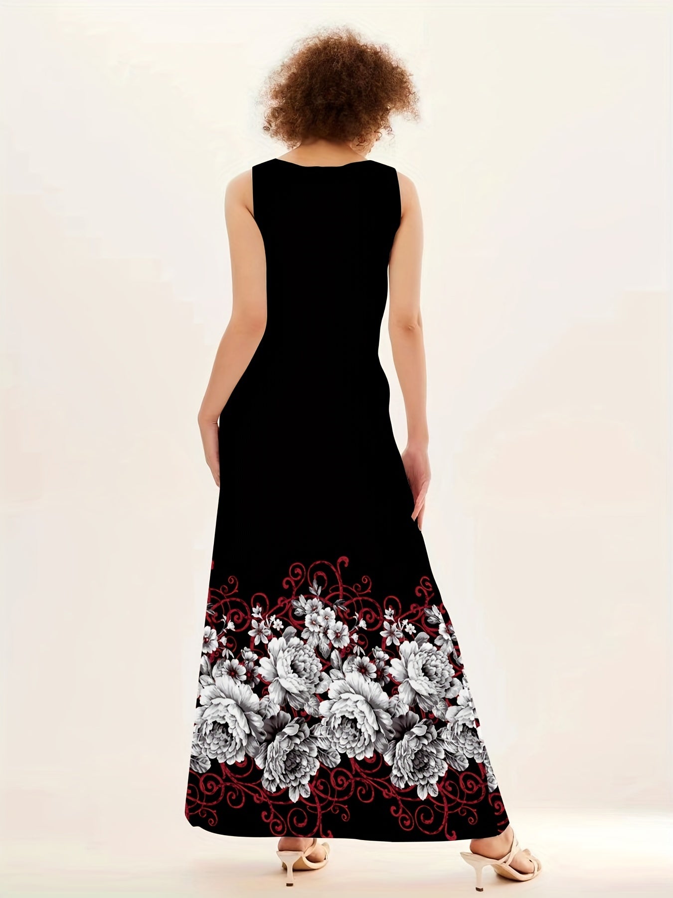Floral Print Ring Linked Dress, Casual Crew Neck Dual Pockets Tank Dress, Women's Clothing