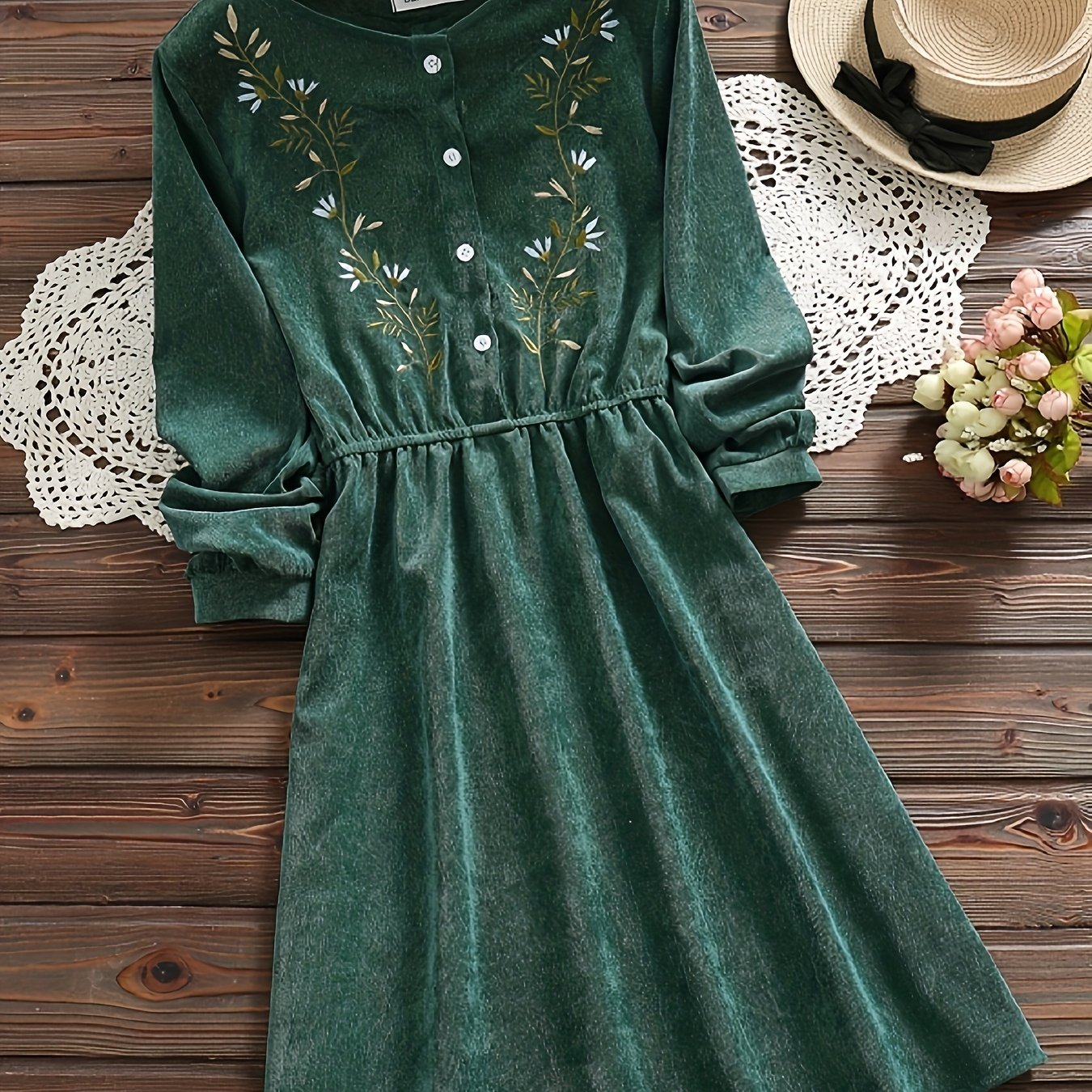 vlovelaw Button Front Floral Embroidered Dress, Vintage Slim Waist Pleated Long Sleeve Dress, Women's Clothing