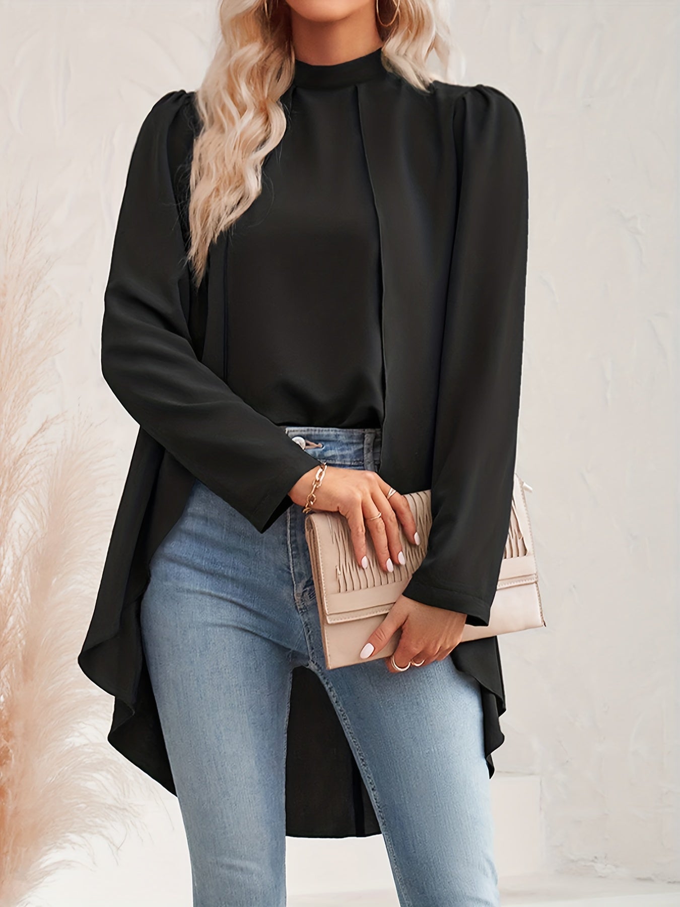 Solid Fake Two-piece Blouse, Casual Asymmetrical Hem Mock Neck Blouse For Spring & Fall, Women's Clothing