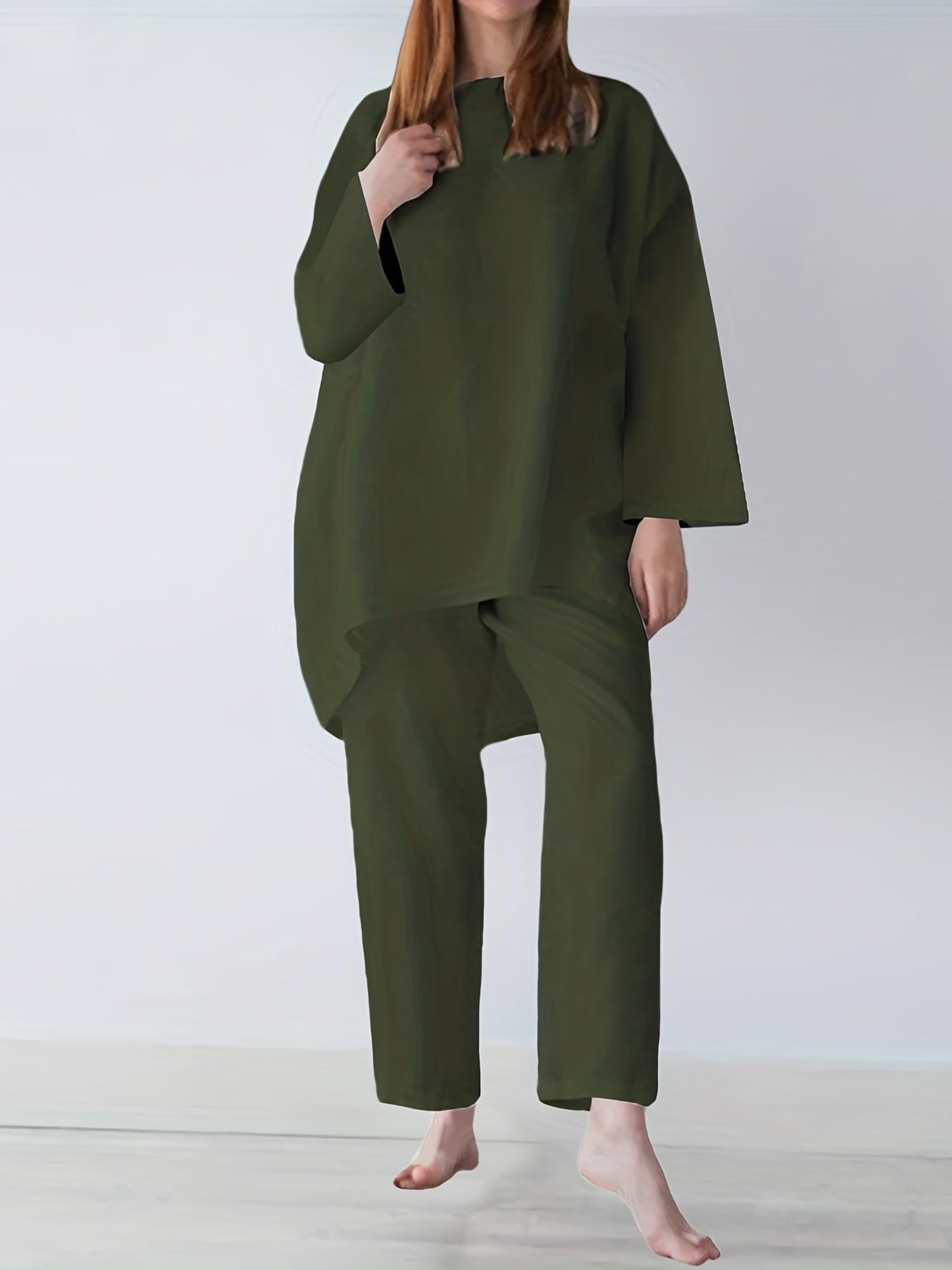 vlovelaw Solid Casual Two-piece Set, Long Sleeve Crew Neck Loose Tops & Wide Leg Pants Outfits, Women's Clothing