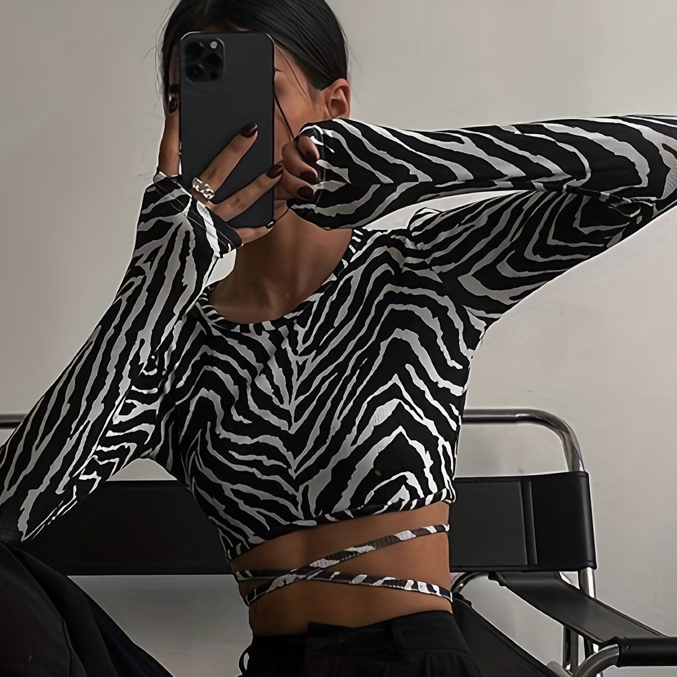 vlovelaw Zebra Print Backless T-shirt, Sexy Crew Neck Long Sleeve Tie Back T-shirt, Women's Clothing