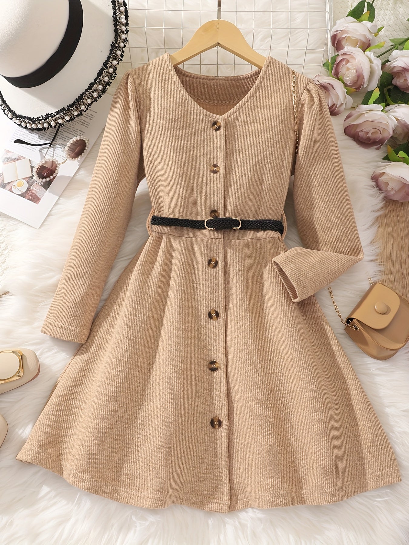 Girl's Elegant Textured Button Up Maxi Dress For Spring/autumn, Kids Clothing