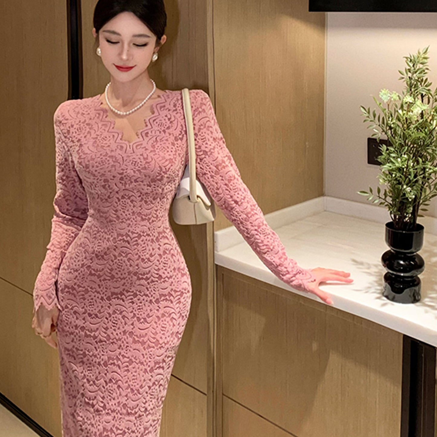 vlovelaw Solid V-neck Slim Dress, Elegant Long Sleeve Bodycon Dress For Spring & Fall, Women's Clothing