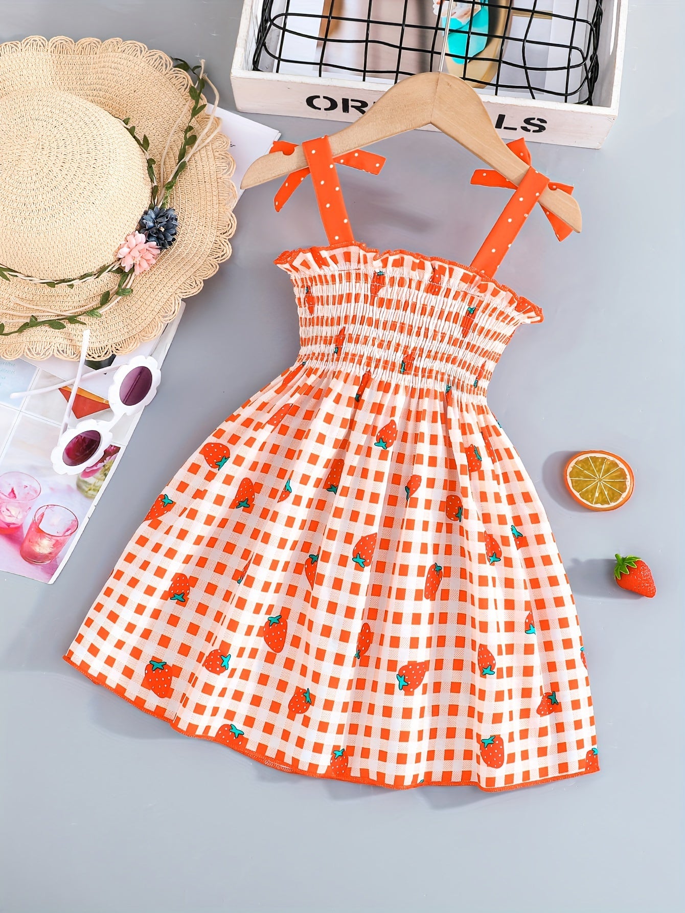 Adorable Sleeveless Strawberry Plaid Print Umbrella Skirt Dress for Girls - Cute Bow Straps, Slight Stretch Fabric, Flared Hem, Regular Fit, Perfect for Summer Holiday Party