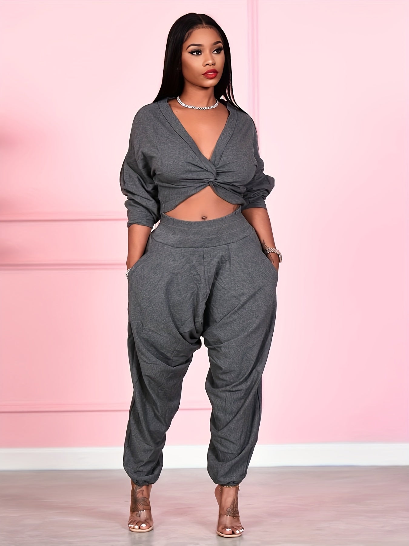 Solid Two Piece Set, V-neck Off Shoulder Crop Top & High Waist Elastic Pants, Women's Clothing