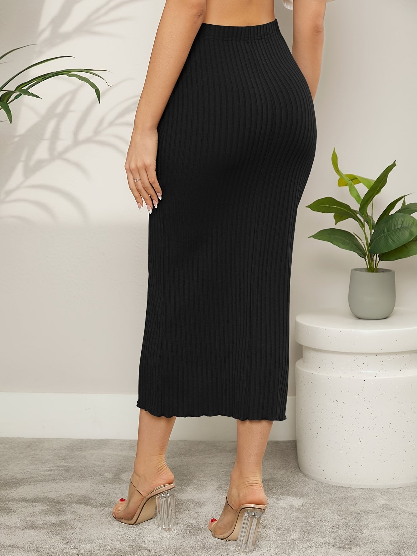 vlovelaw Solid Rib Knit Bodycon Skirt, Elegant Lettuce Hem Midi Skirt, Women's Clothing