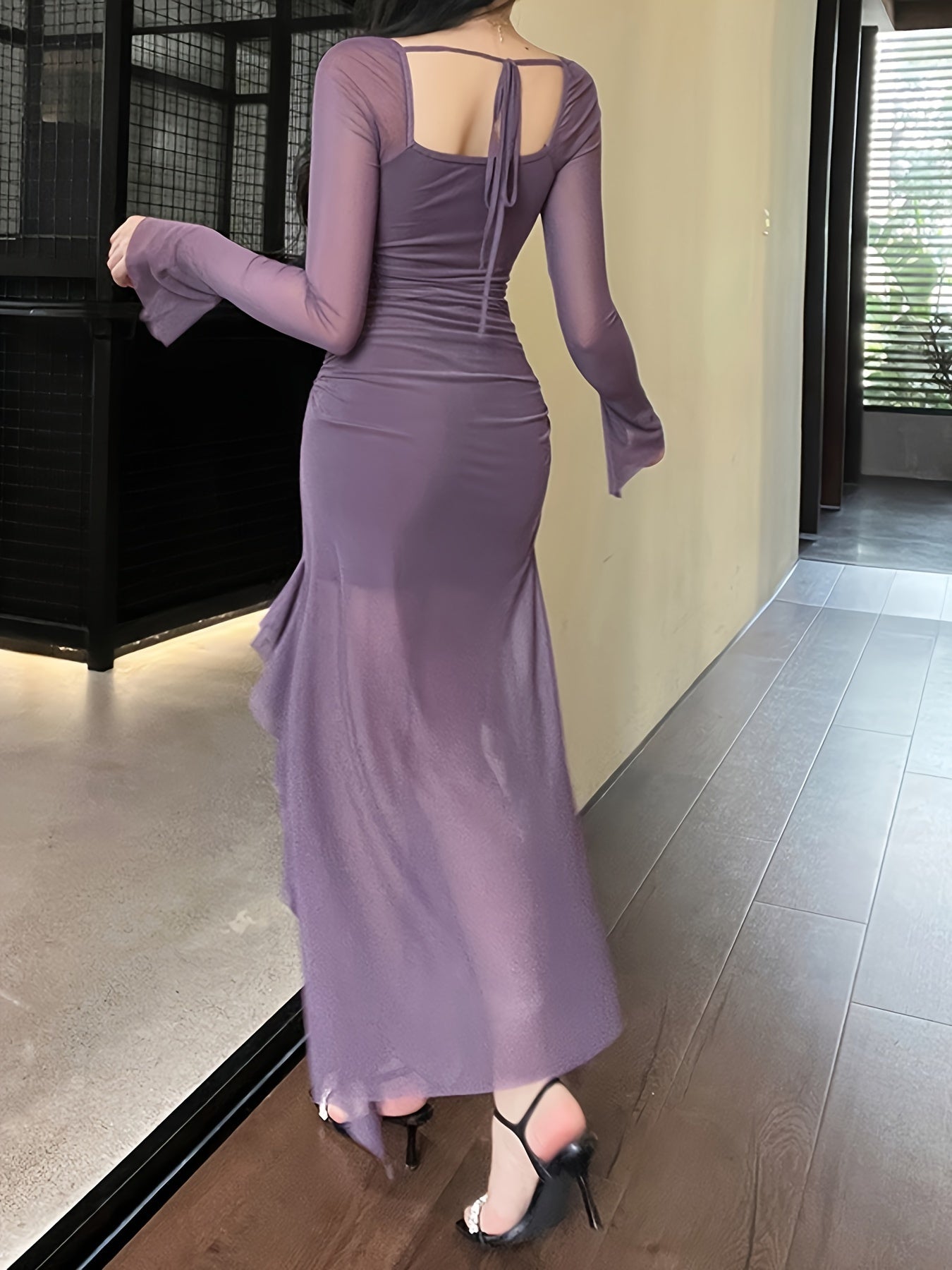 vlovelaw Solid Ruffle Trim Split Asymmetrical Dress, Elegant Flare Sleeve Mesh Ruched Dress, Women's Clothing