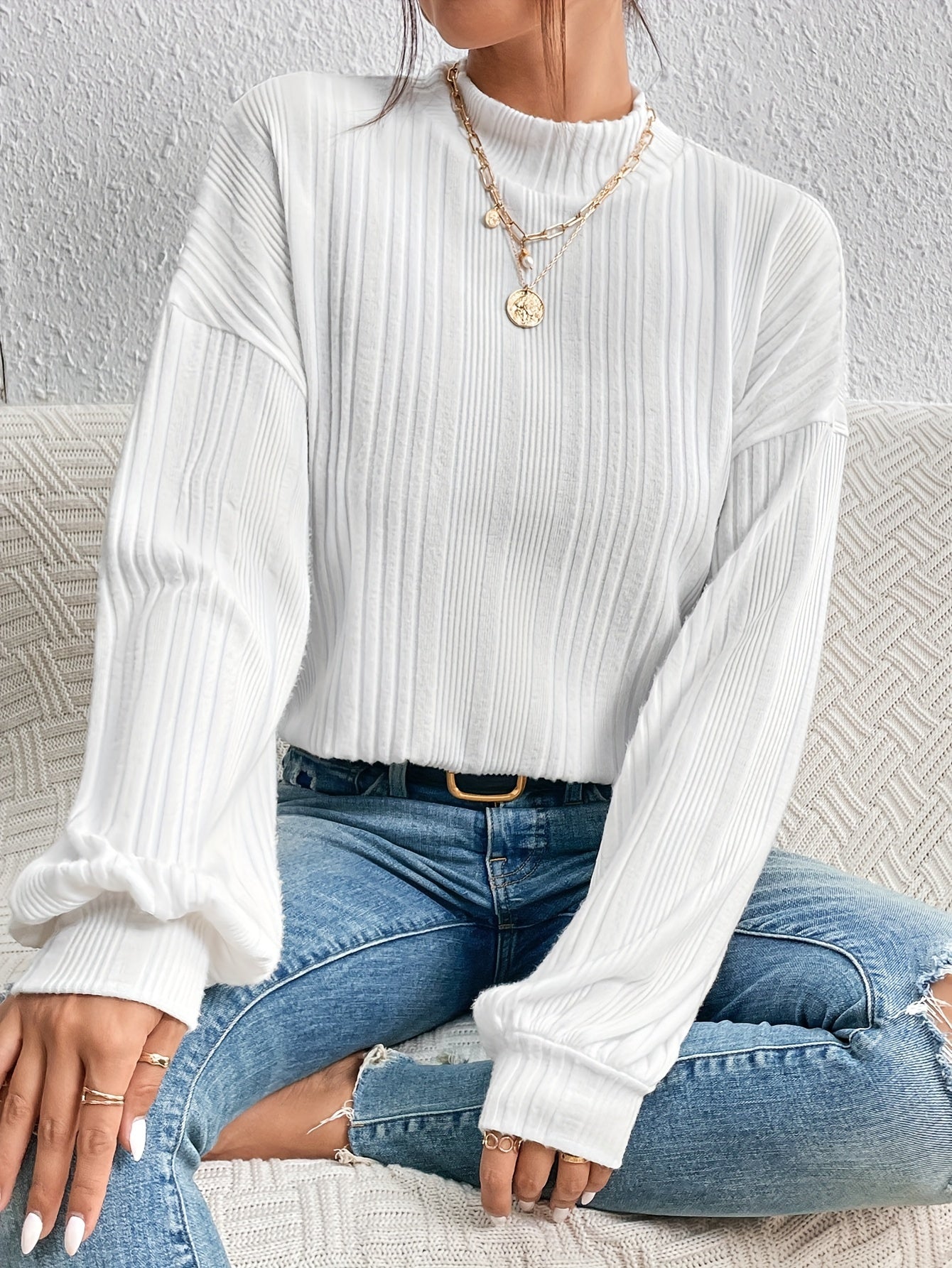 Solid Mock Neck Simple T-Shirt, Versatile Lantern Sleeve Drop Shoulder T-Shirt For Spring & Fall, Women's Clothing