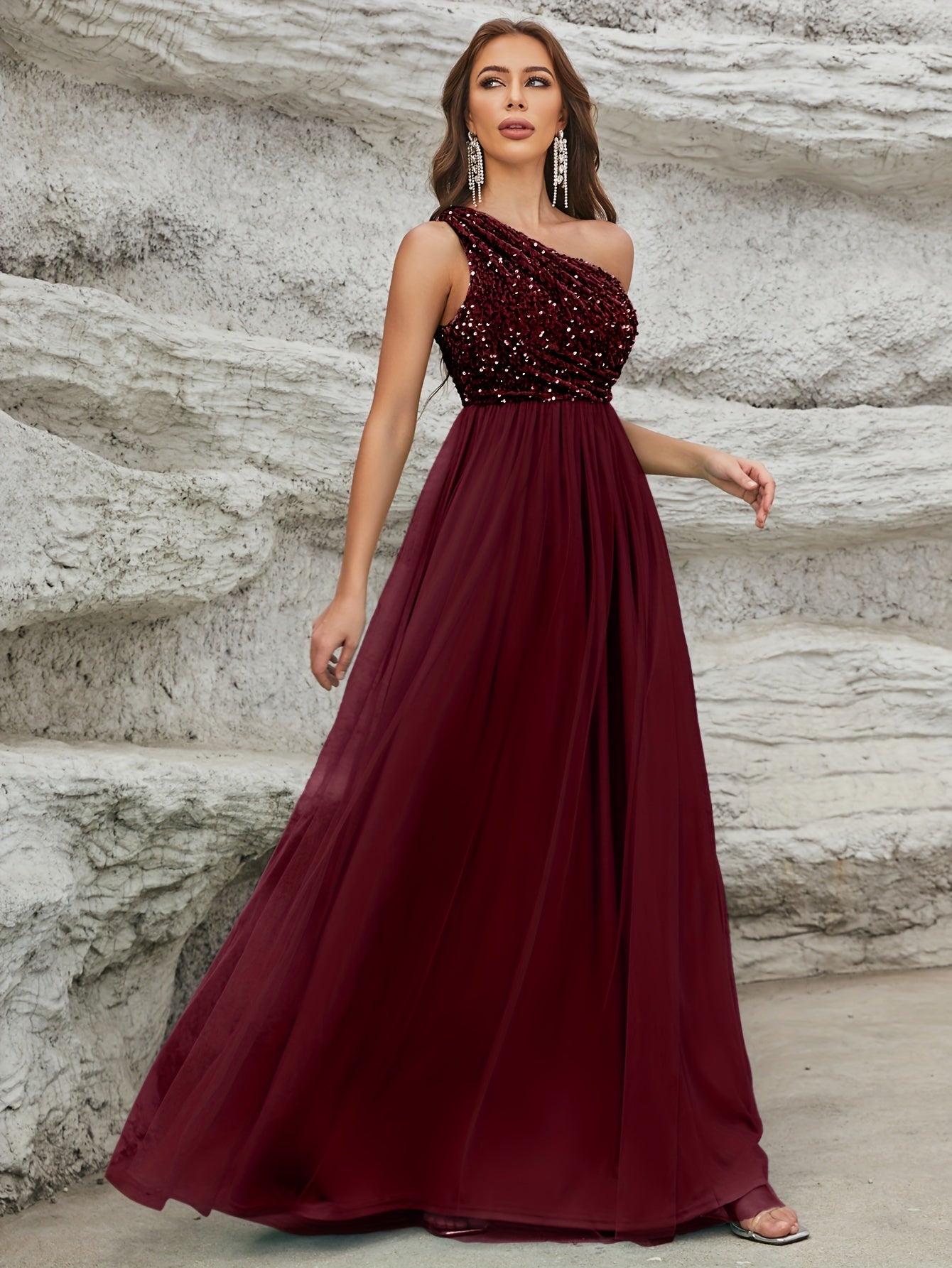 vlovelaw One Shoulder Sequin Dress, Elegant Sleeveless Dress For Party & Banquet, Women's Clothing