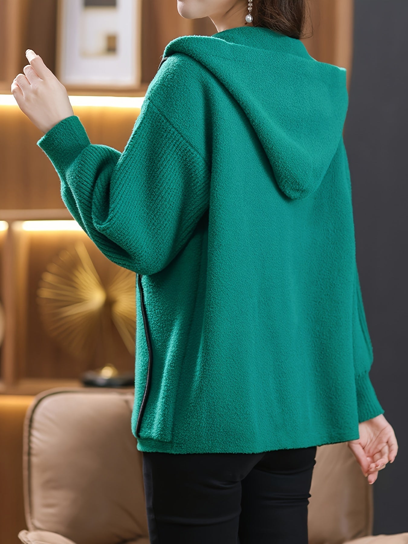 vlovelaw Contrast Trim Zipper Hooded Jacket, Versatile Long Sleeve Outwear For Fall & Winter, Women's Clothing