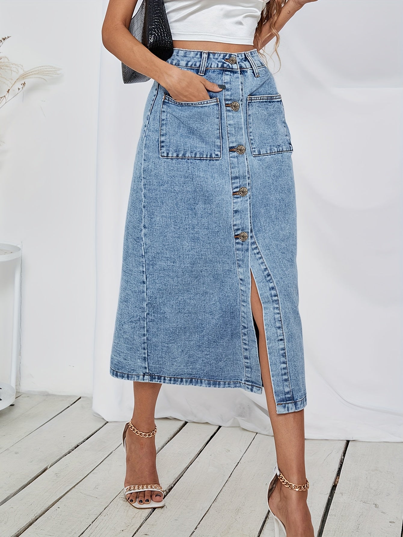 vlovelaw Single-breasted Button Denim Skirts, Patched Pocket Slim Fitted Elegant Denim Skirts, Women's Denim Clothing
