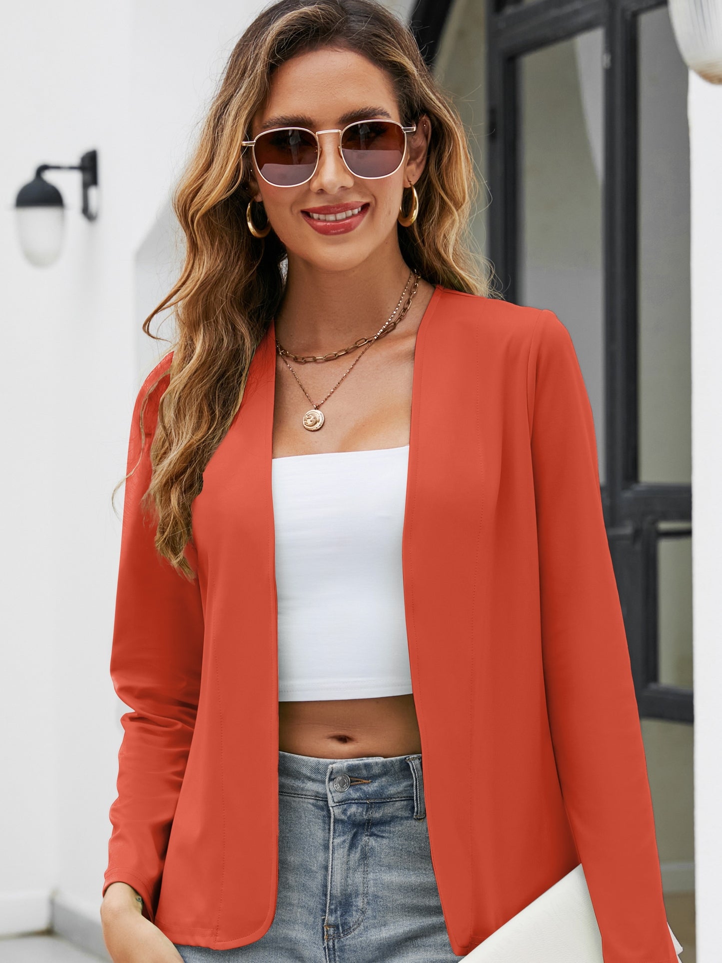 Solid Open Front Blazer, Casual Long Sleeve Work Office Outerwear, Women's Clothing